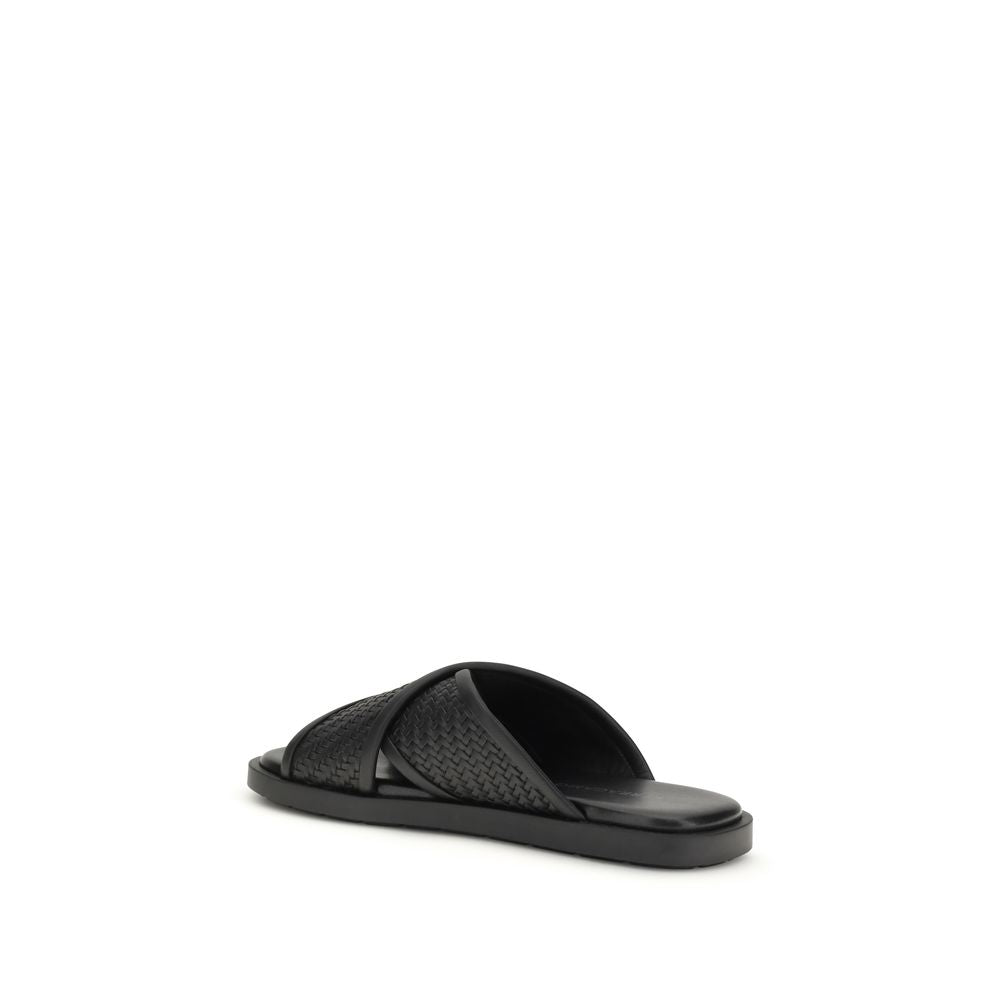 Ferragamo Black Calf Leather Bos Taurus Flat Men's Sandals