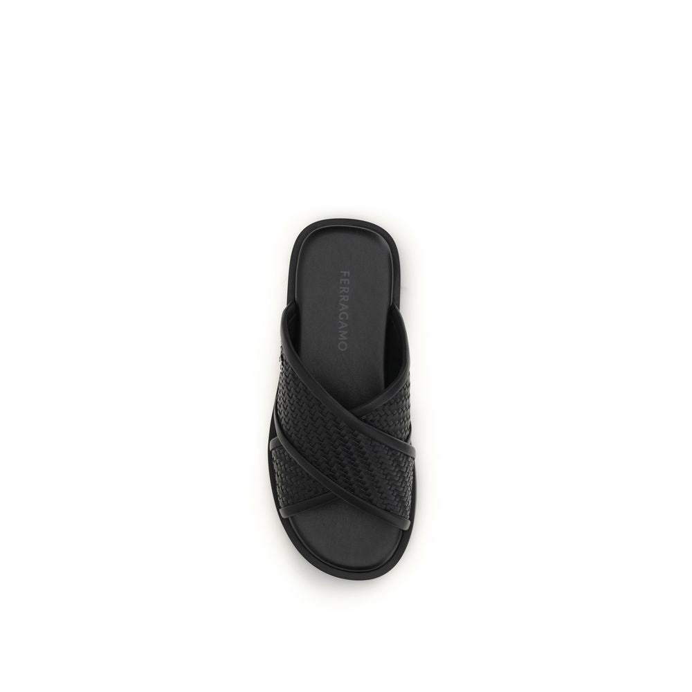 Ferragamo Black Calf Leather Bos Taurus Flat Men's Sandals