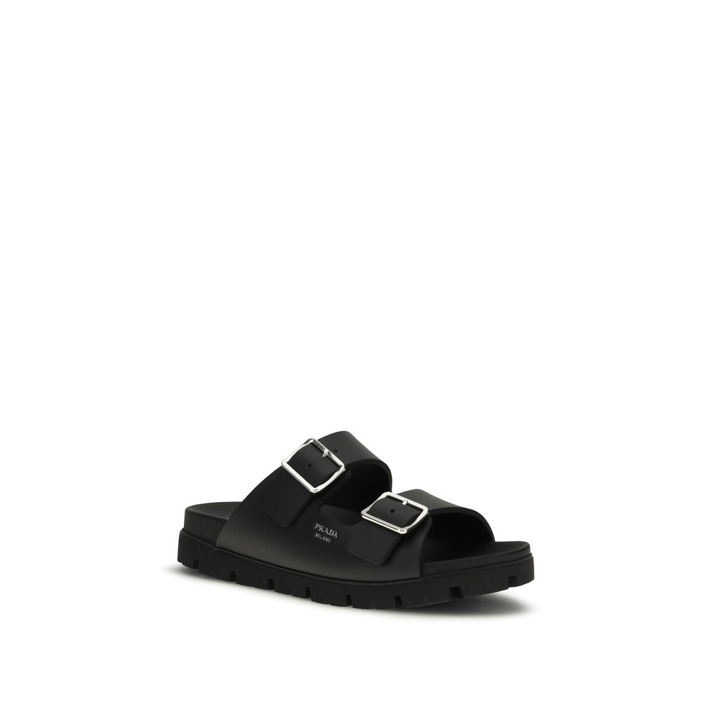 Prada Black Calf Leather Bos Taurus Flat Men's Sandals