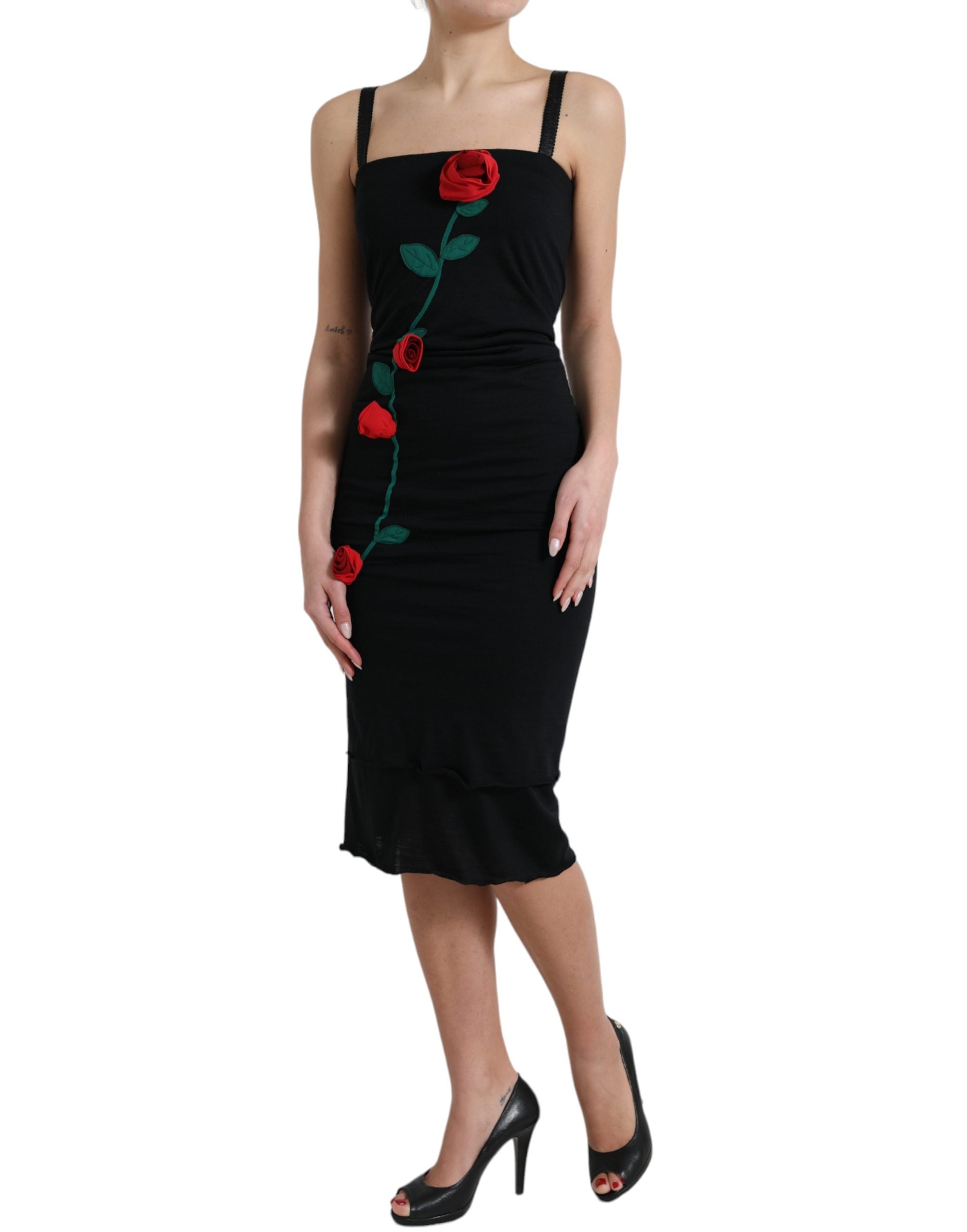 Dolce & Gabbana Black Wool Sleeveless Rose Applique Women's Dress (Pre-Owned)