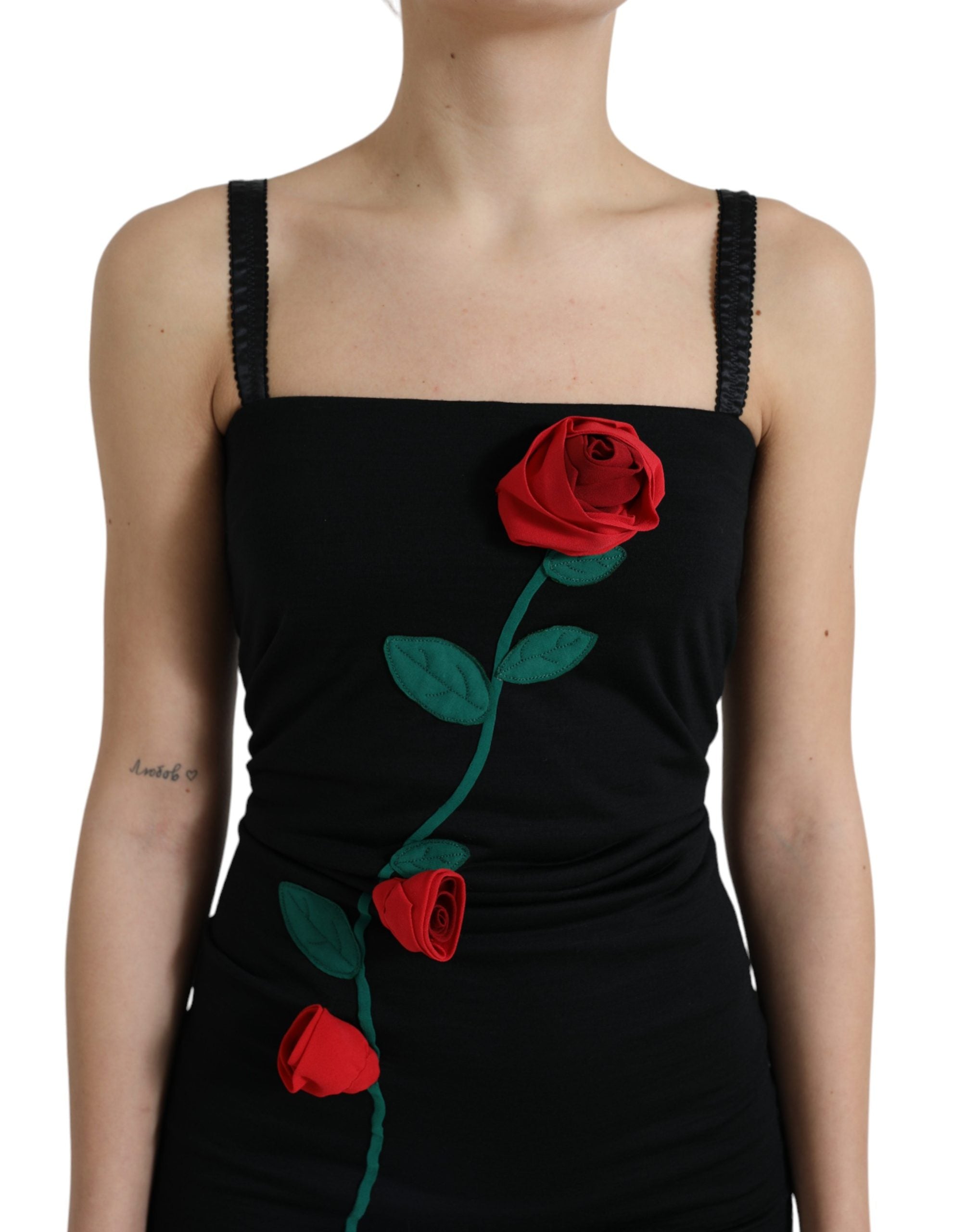 Dolce & Gabbana Black Wool Sleeveless Rose Applique Women's Dress (Pre-Owned)
