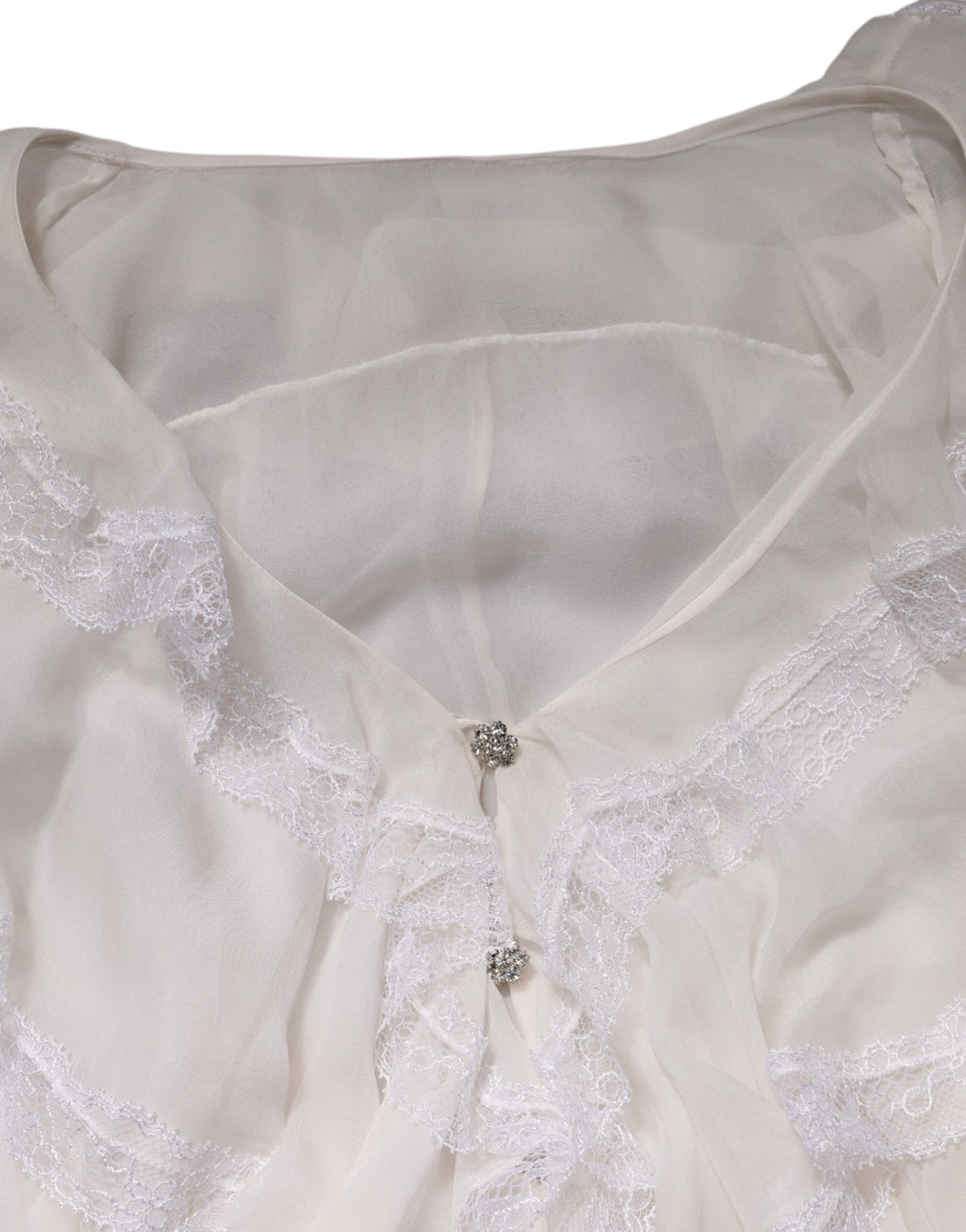 Dolce & Gabbana White LongSleeve Lace Trim Ruffled Blouse Women's Top