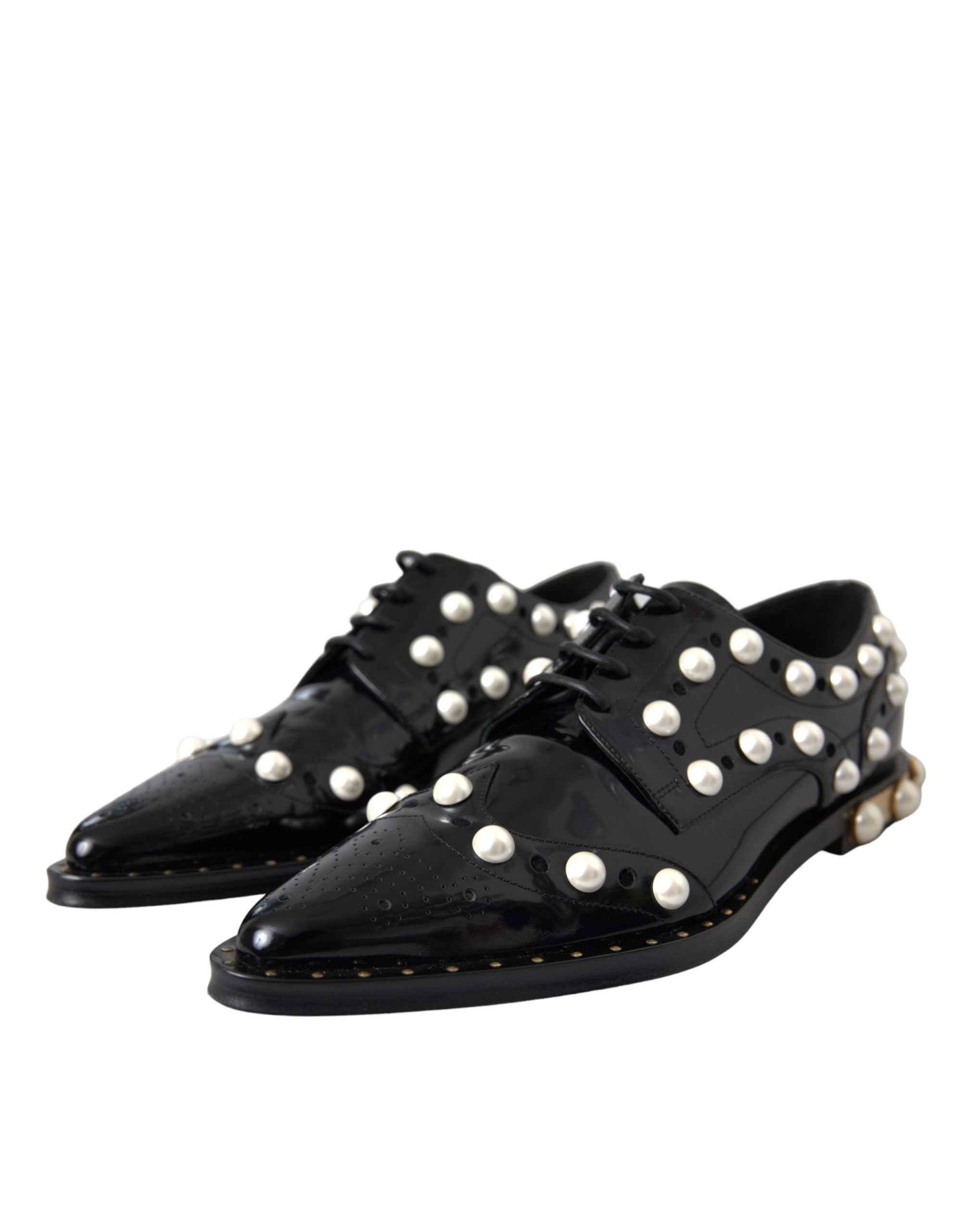 Dolce & Gabbana Black Leather Faux Pearl Dress Brogue Women's Shoes