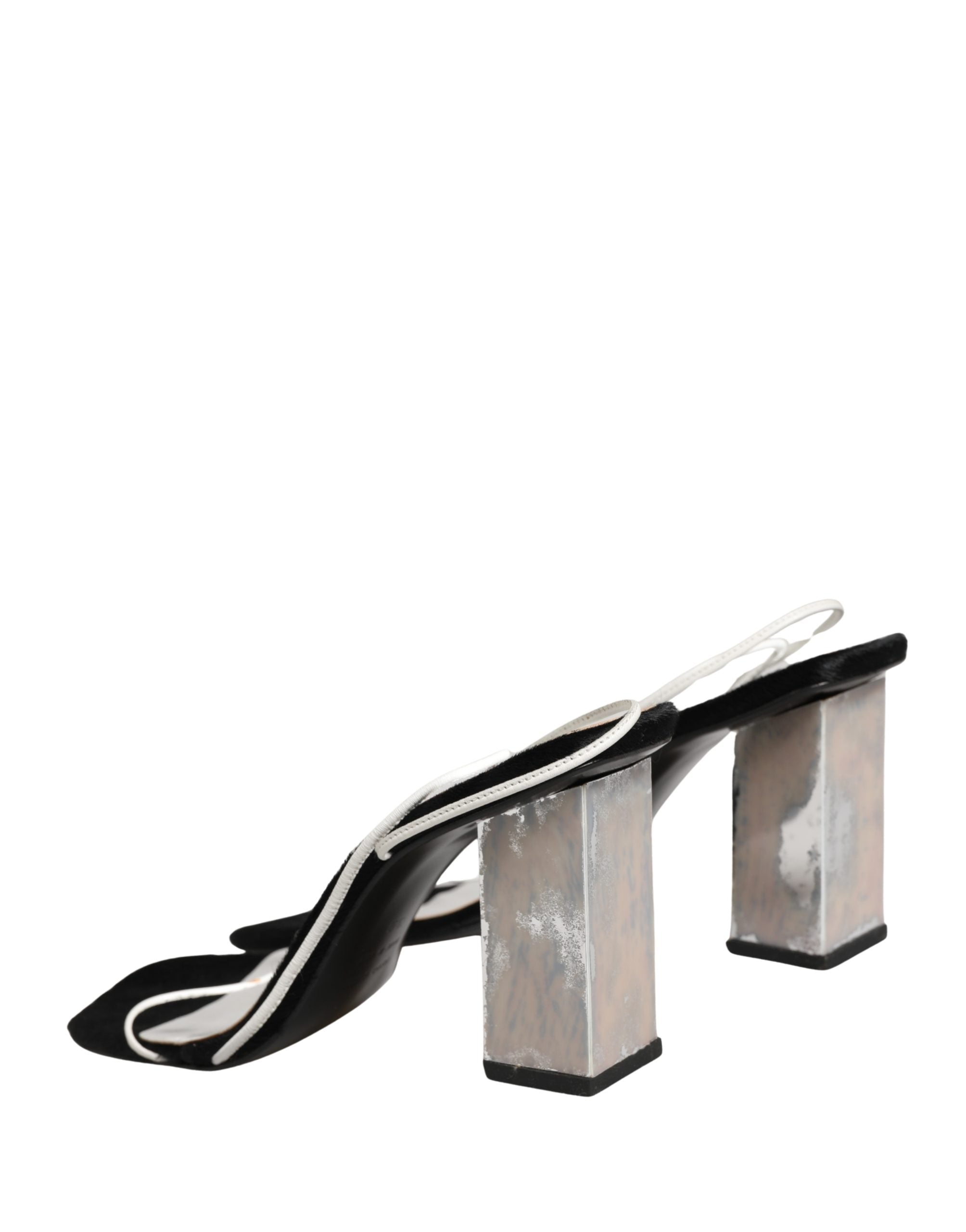 Dolce & Gabbana Silver Black Leather Block Heels Sandals Women's Shoes (Pre-Owned)