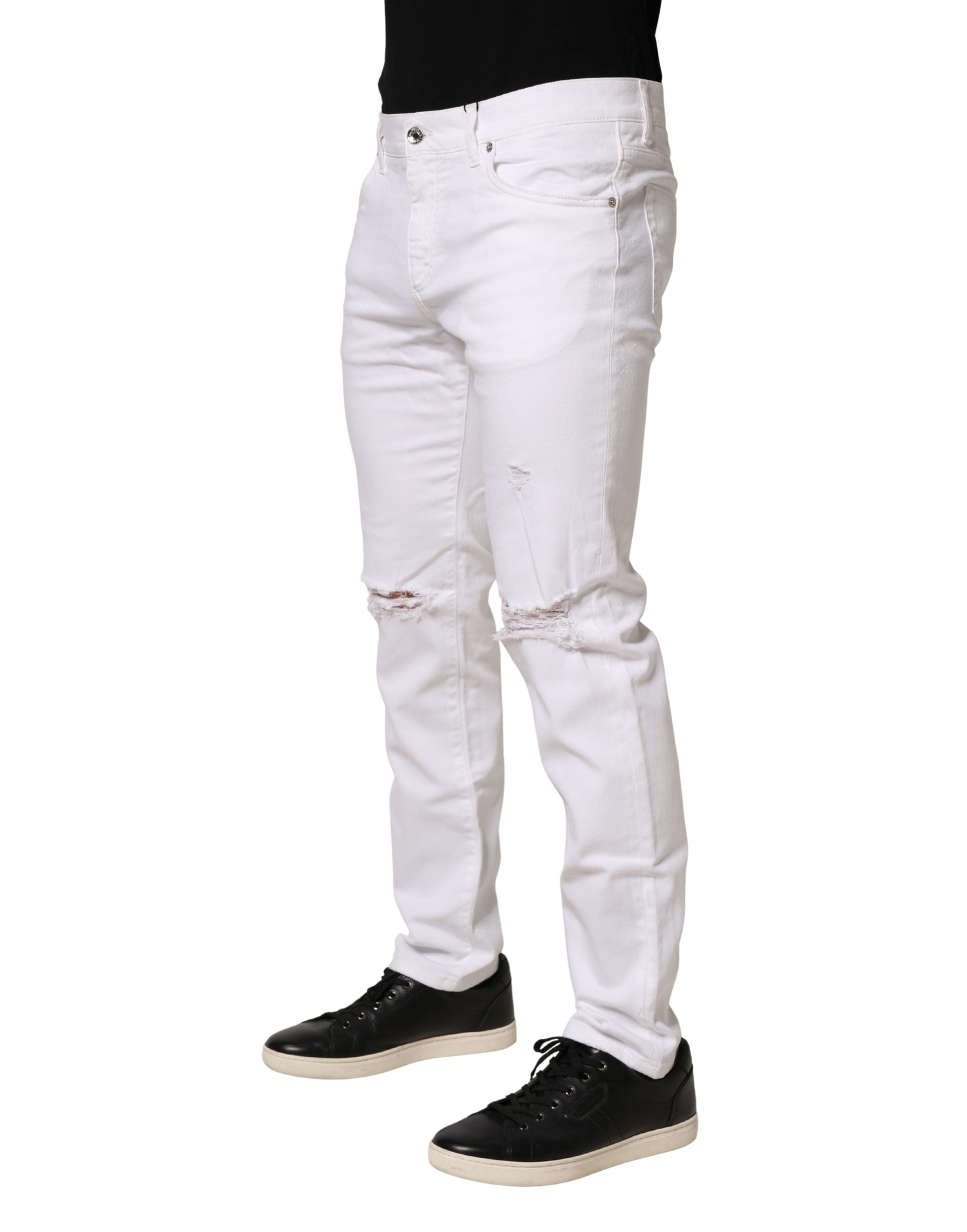 Dolce & Gabbana White Cotton Tattered Men Slim Fit Denim Men's Jeans (Pre-Owned)