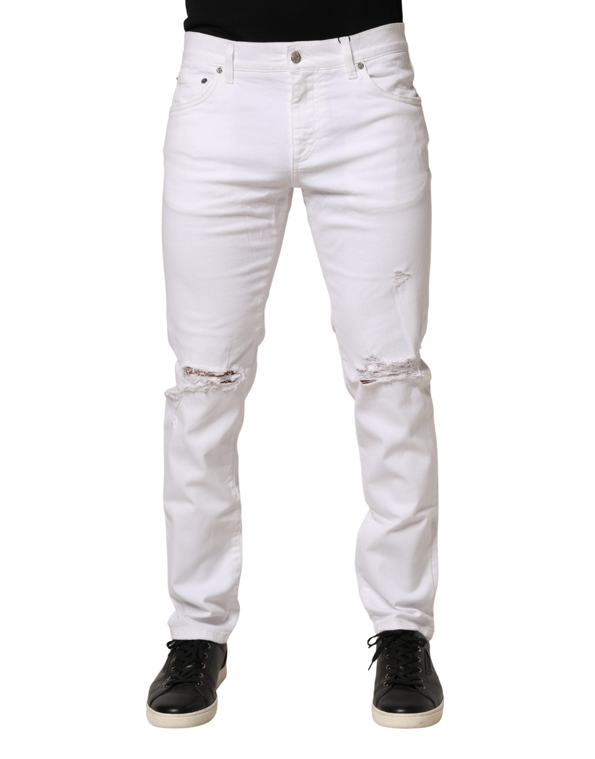 Dolce & Gabbana White Cotton Tattered Men Slim Fit Denim Men's Jeans (Pre-Owned)