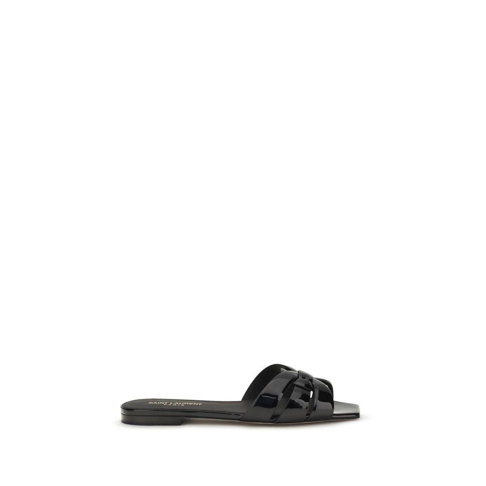 Saint Laurent Black Calf Leather Bos Taurus Flat Women's Sandals