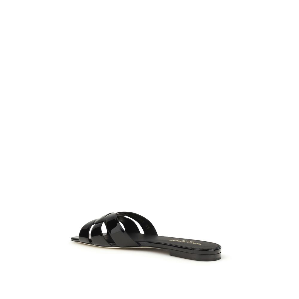 Saint Laurent Black Calf Leather Bos Taurus Flat Women's Sandals