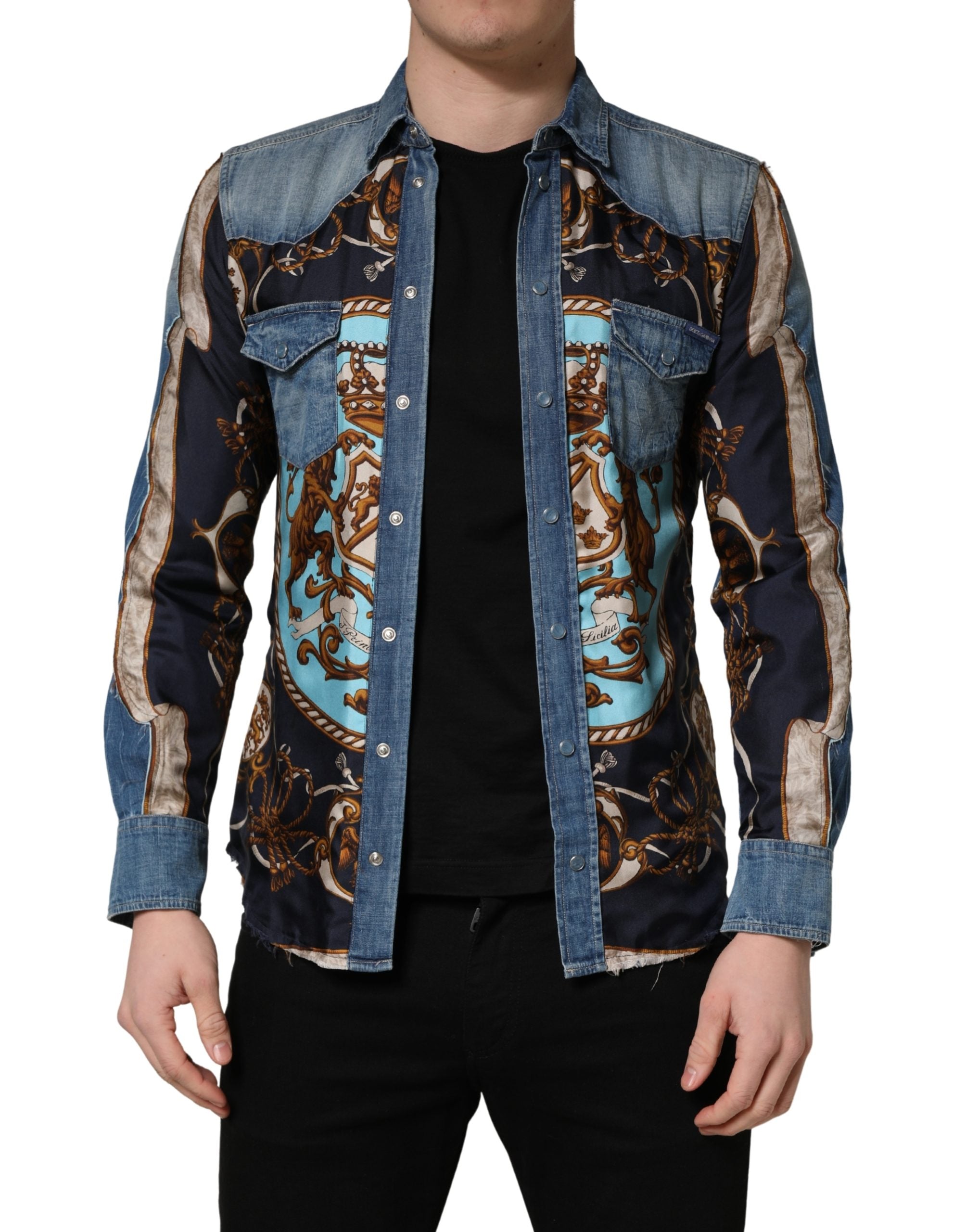Dolce & Gabbana Blue Baroque Cotton Button Down Denim Men's Shirt (Pre-Owned)