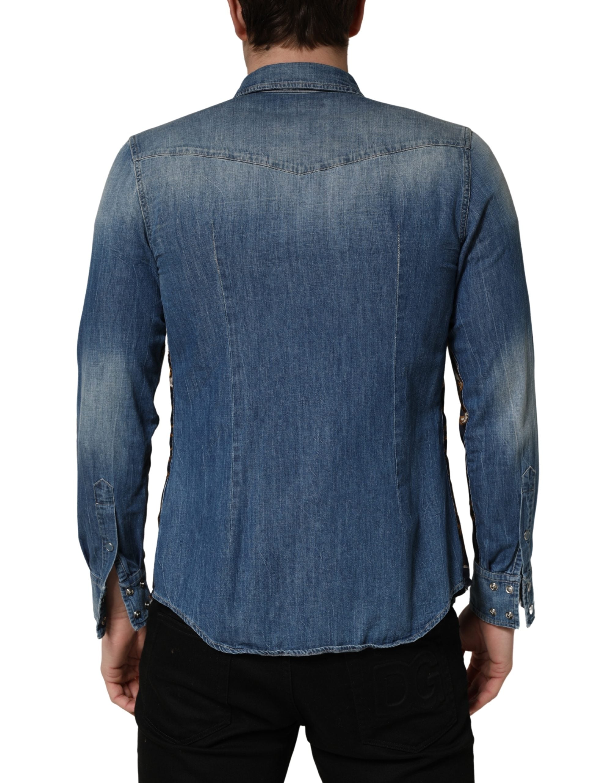 Dolce & Gabbana Blue Baroque Cotton Button Down Denim Men's Shirt (Pre-Owned)