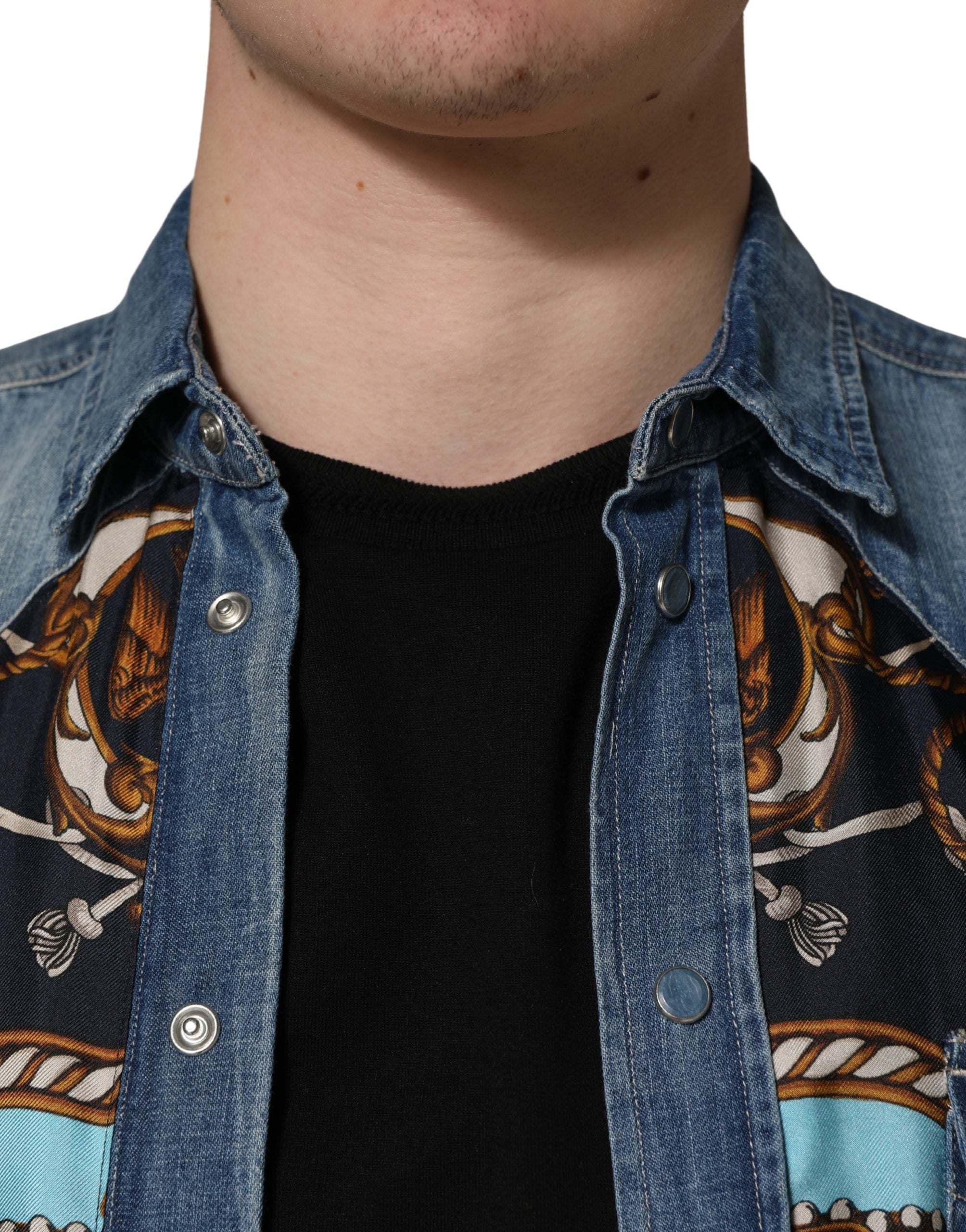 Dolce & Gabbana Blue Baroque Cotton Button Down Denim Men's Shirt (Pre-Owned)