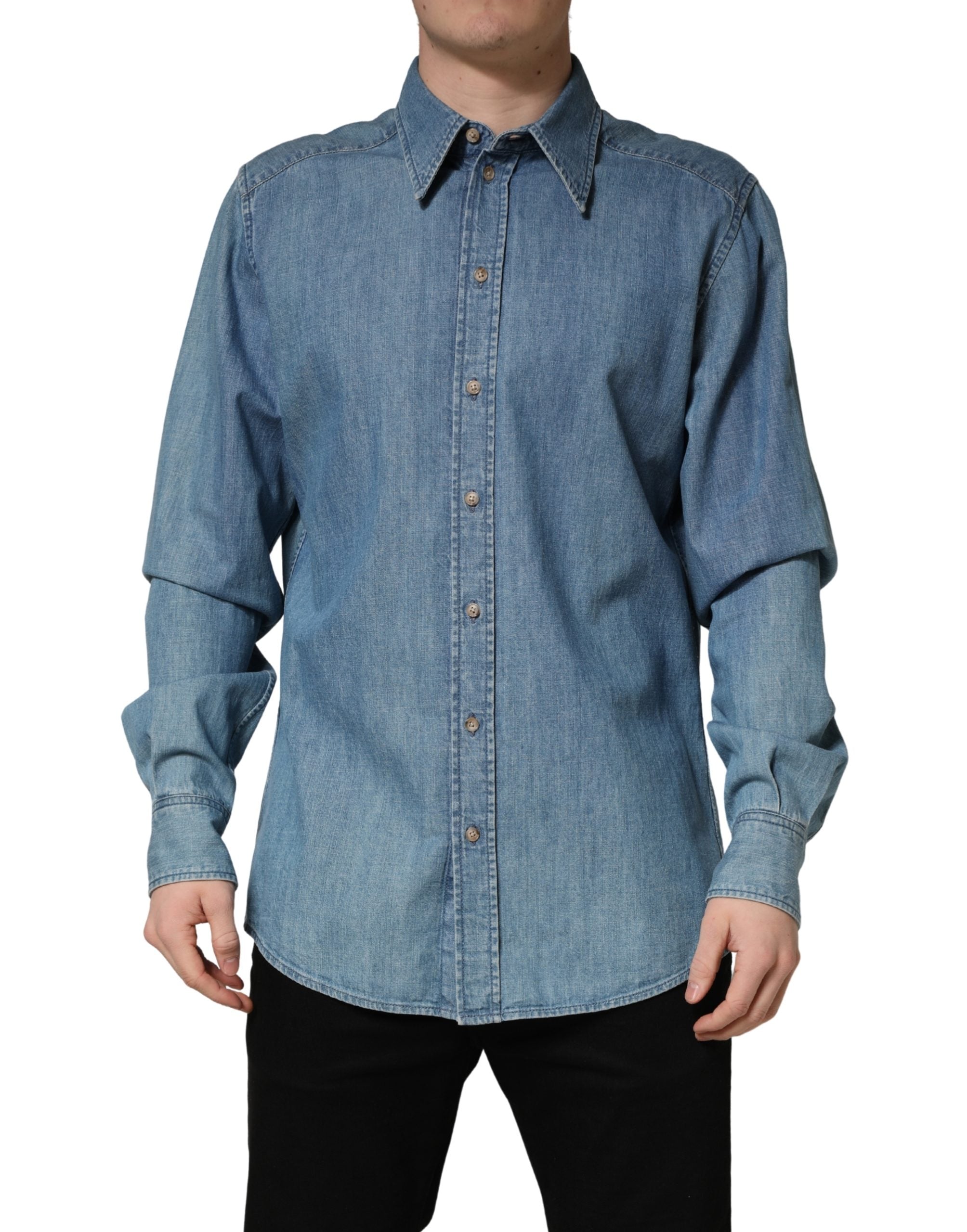 Dolce & Gabbana Blue Cotton Stretch Casual Denim Slim Men's Shirt