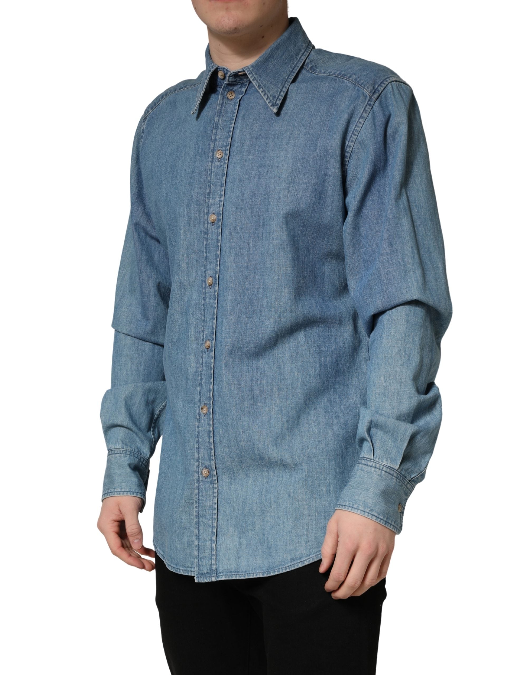 Dolce & Gabbana Blue Cotton Stretch Casual Denim Slim Men's Shirt