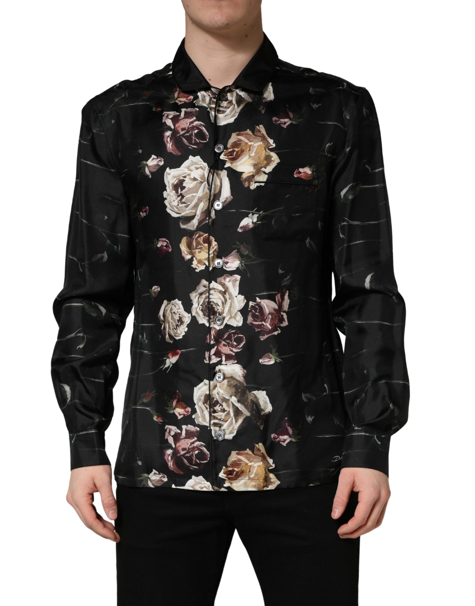 Dolce & Gabbana Black Floral Print Long Sleeves Casual Men's Shirt