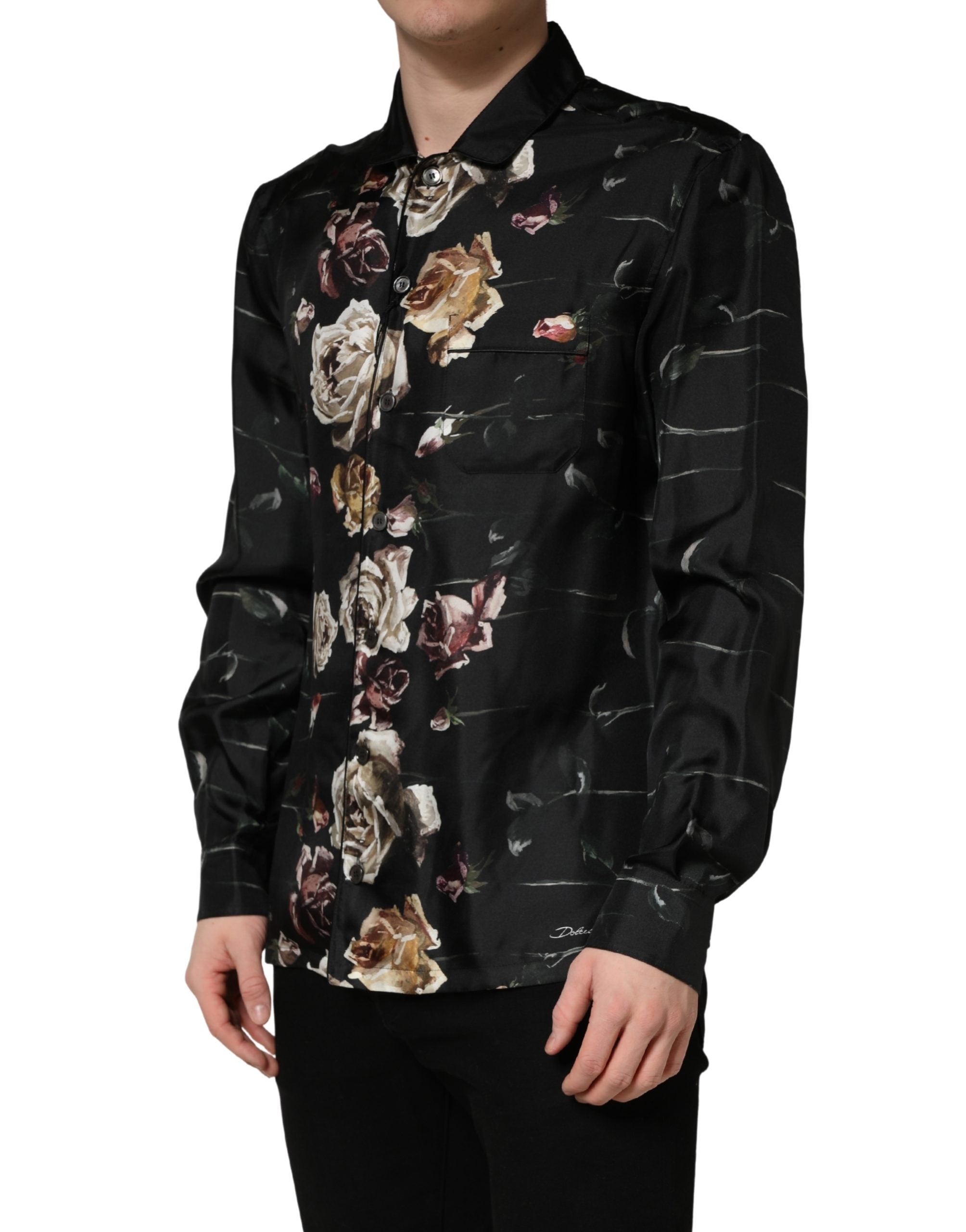 Dolce & Gabbana Black Floral Print Long Sleeves Casual Men's Shirt