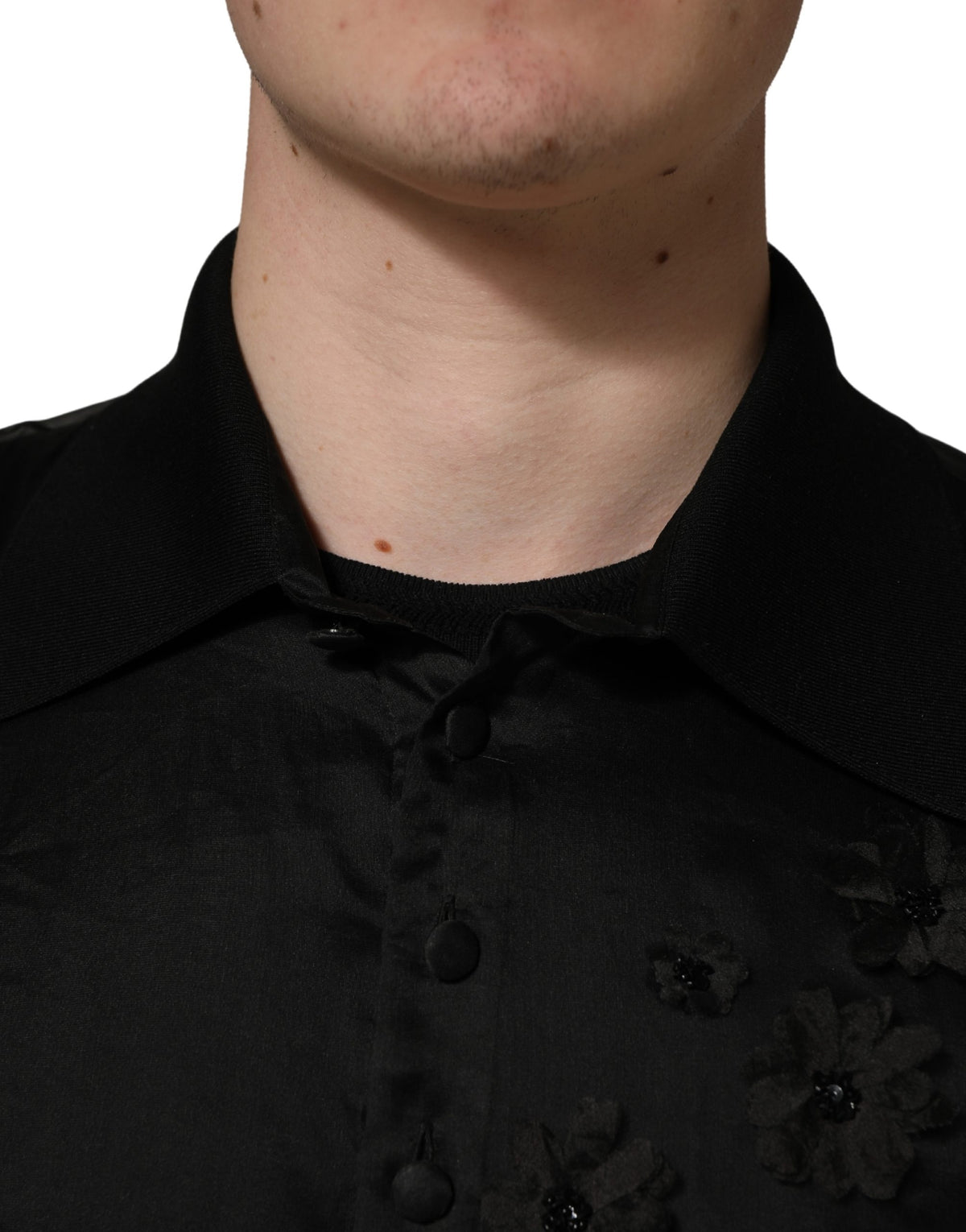 Dolce & Gabbana Black Floral Applique Sheer Short Sleeve Men's Shirt