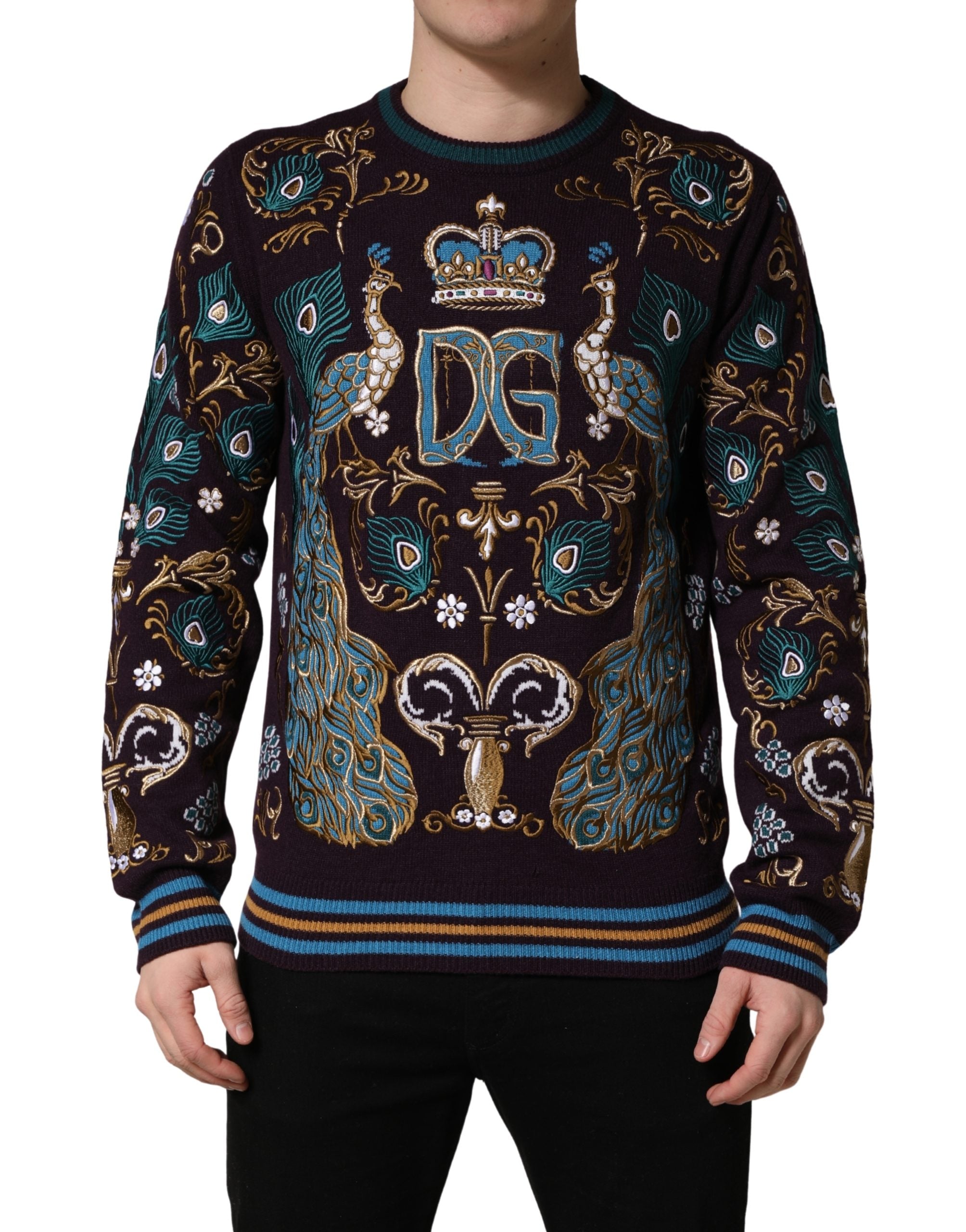 Dolce & Gabbana Bordeaux Cashmere Crown Embroidered Men's Sweater