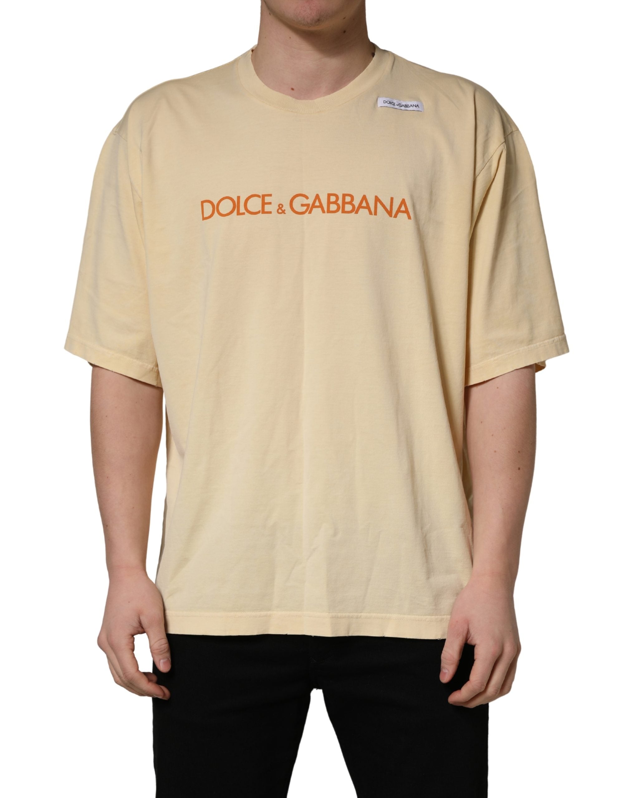 Dolce & Gabbana Yellow Logo Print Cotton Crew Neck Men's T-shirt (Pre-Owned)