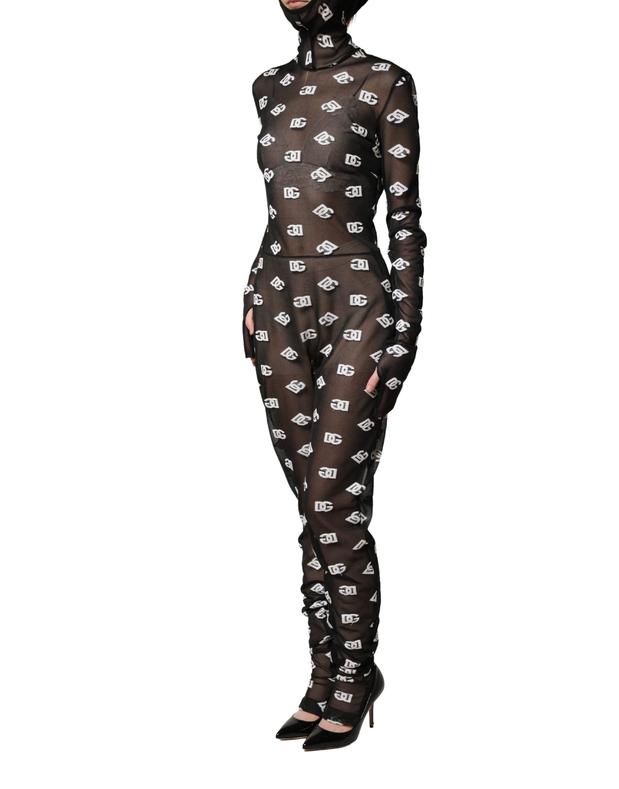 Dolce & Gabbana Black White Logo Print Hooded Jumpsuit Women's Dress (Pre-Owned)