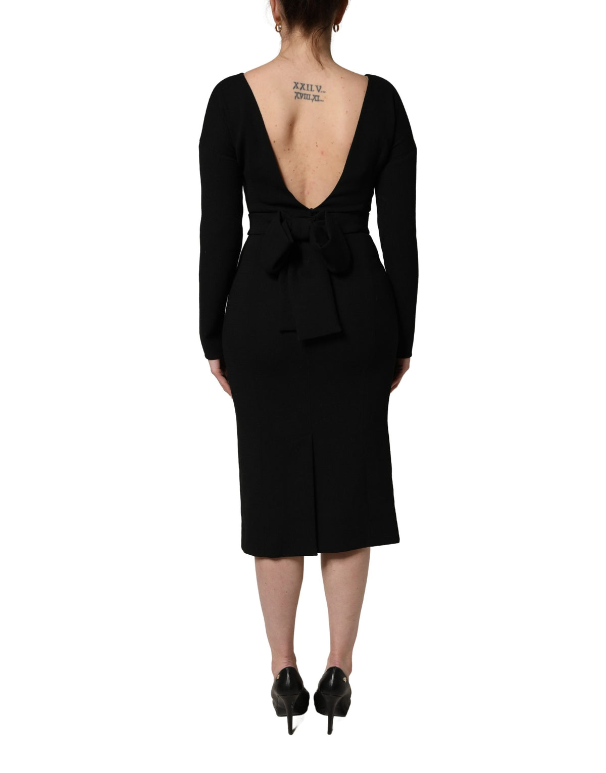 Dolce & Gabbana Black Wool Crepe Long Sleeves Midi Women's Dress