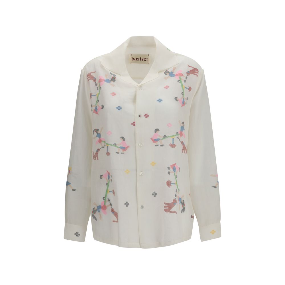 Baziszt White Cotton Pattern Women's Shirt