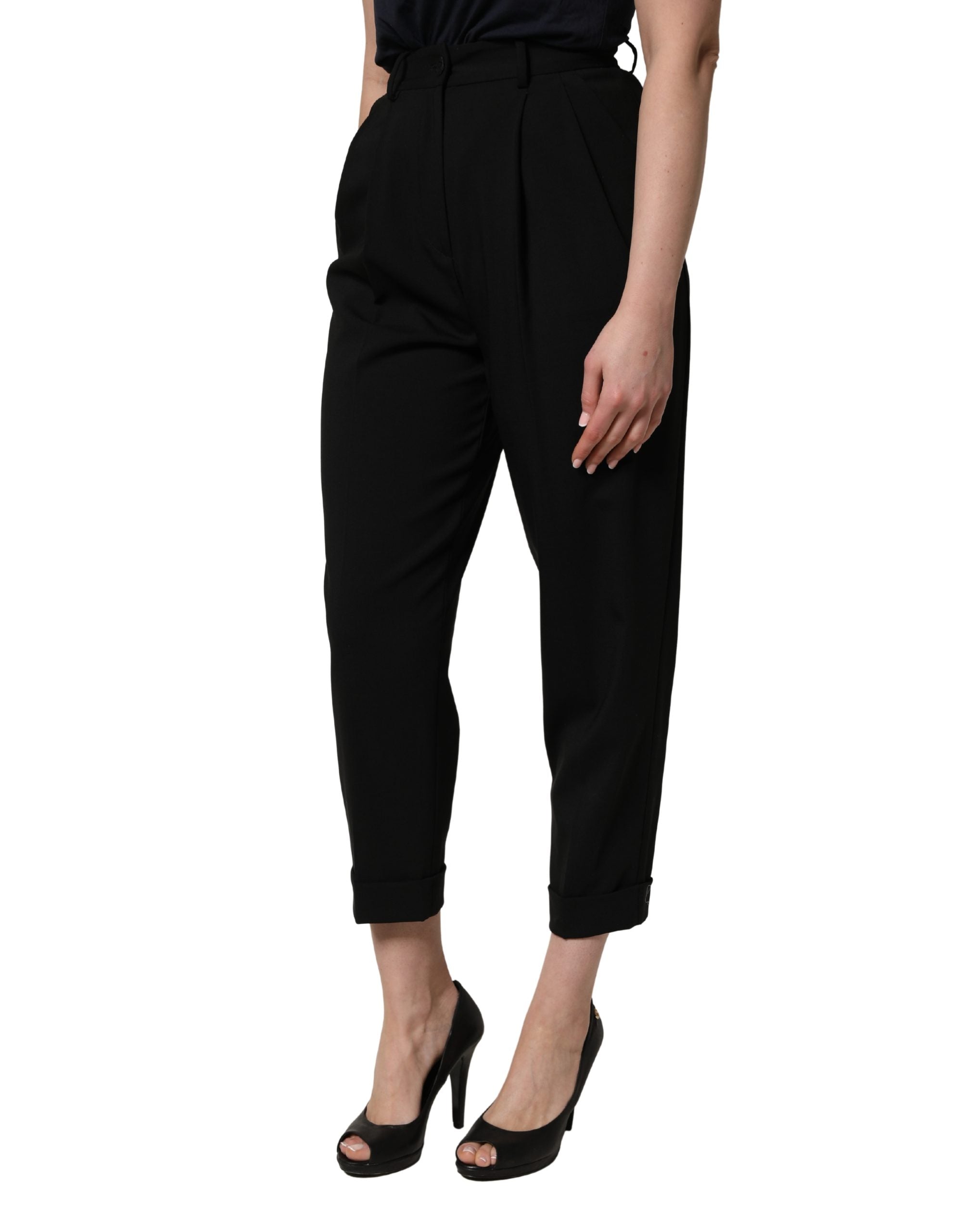 Dolce & Gabbana Black Wool High Waist Cropped Trouser Women's Pants