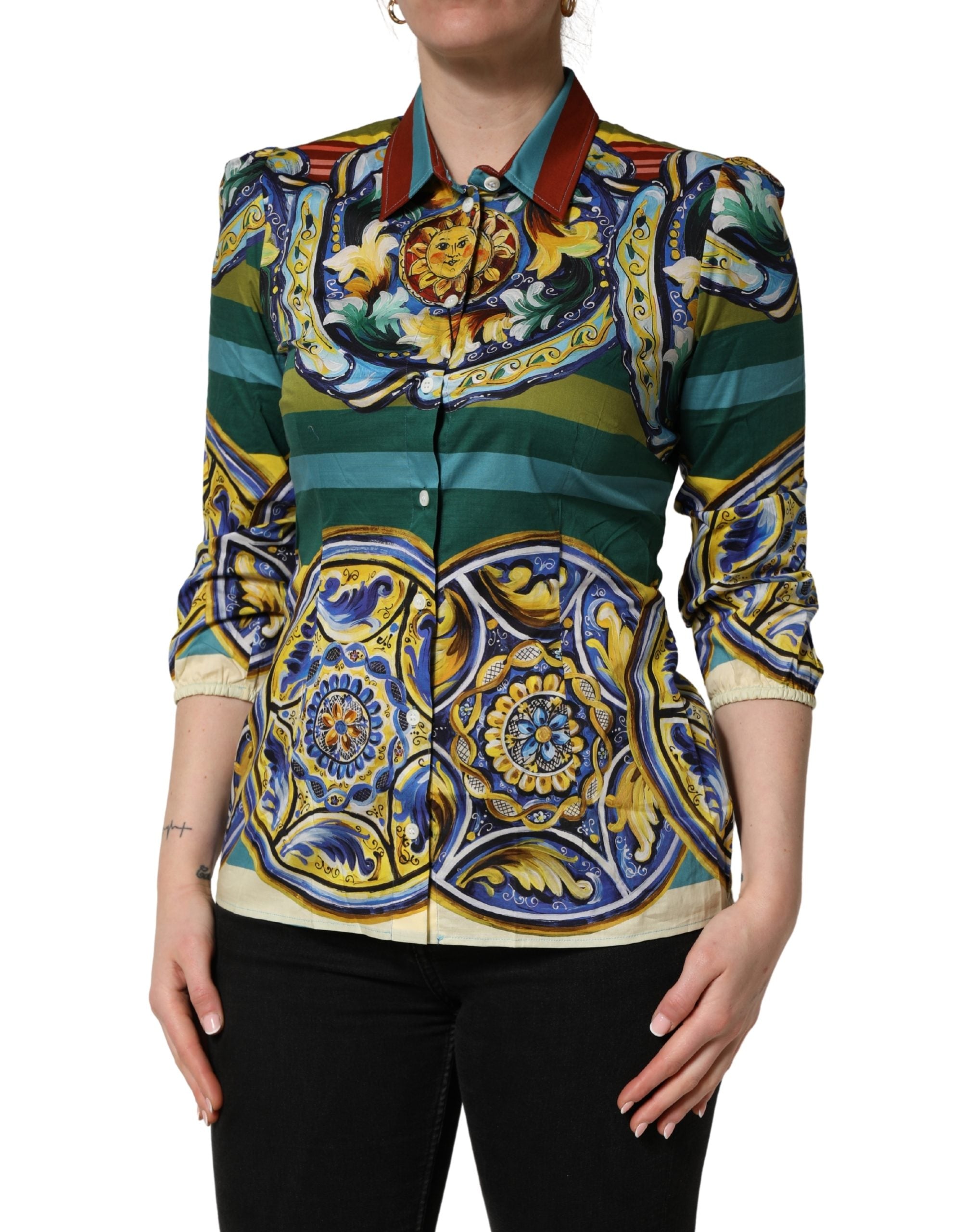 Dolce & Gabbana Multicolor Majolica Print Cotton Blouse Women's Top
