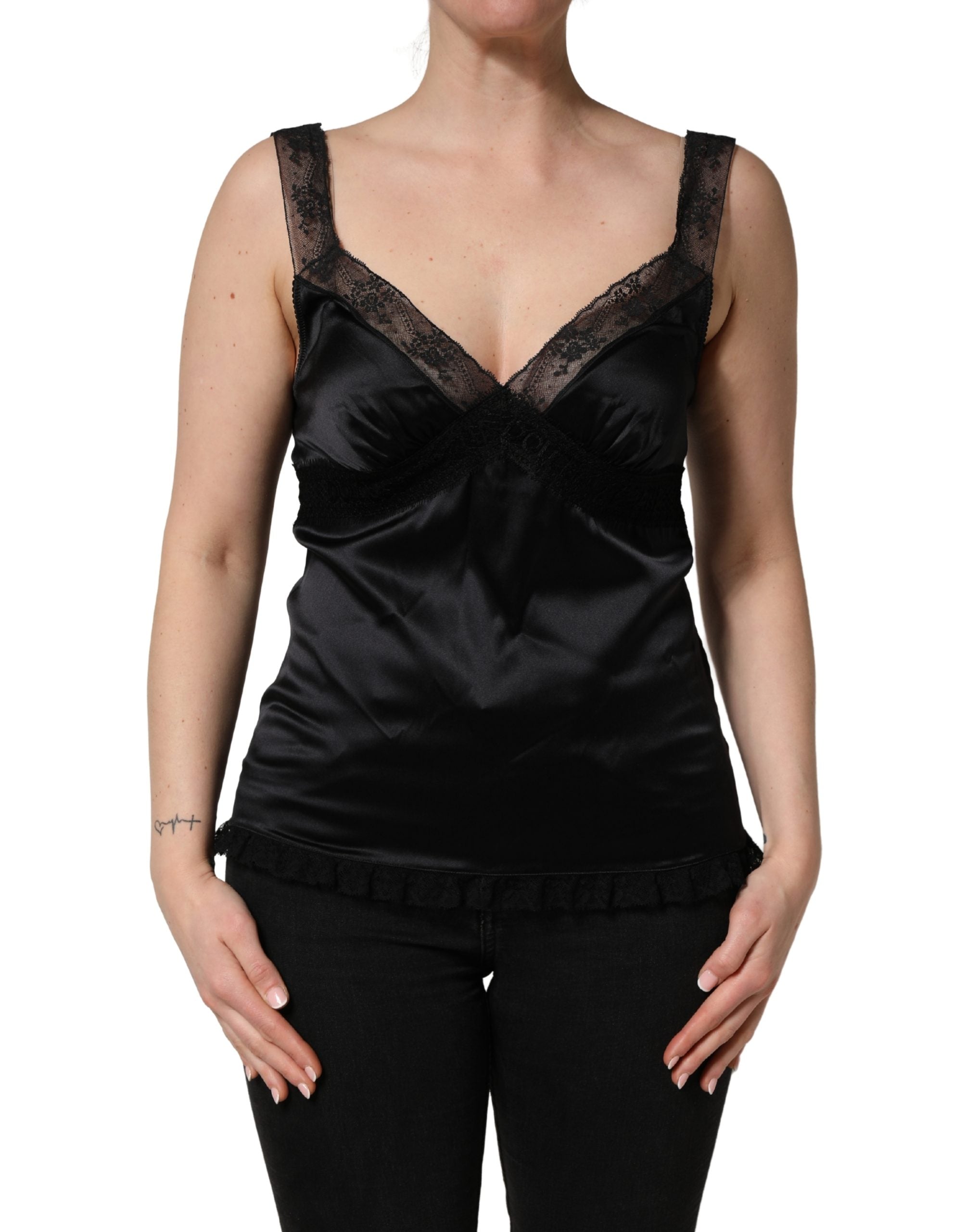 Dolce & Gabbana Black Silk Lace Trim Camisole V-neckline Tank Women's Top