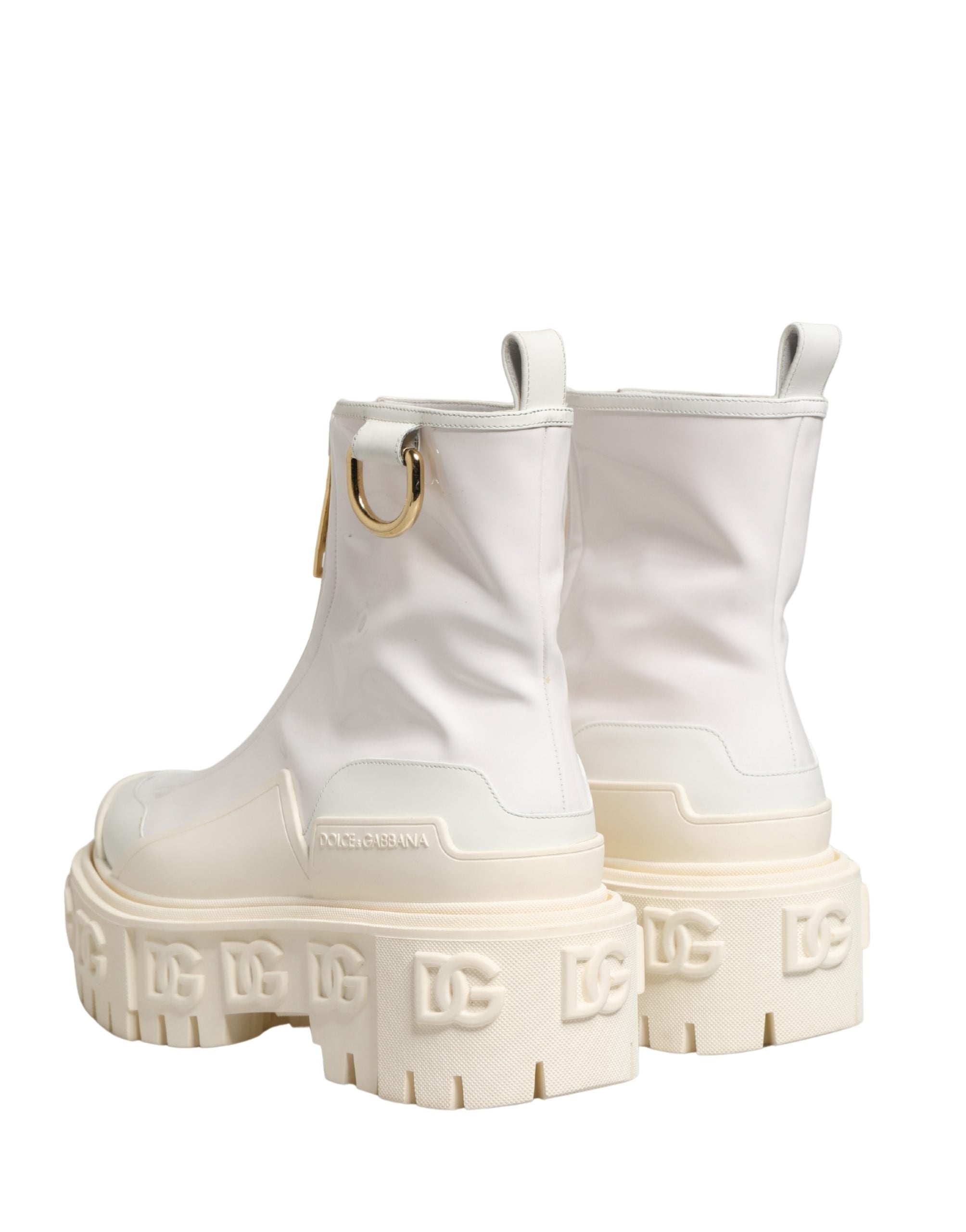 Dolce & Gabbana White Leather Rubber Logo Ankle Boots Women's Shoes
