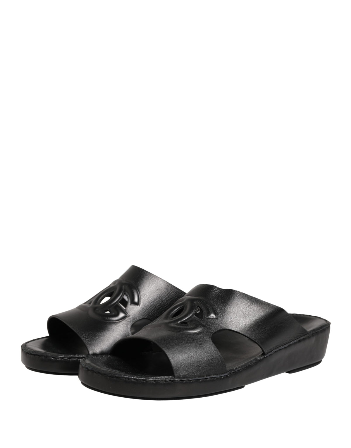 Dolce & Gabbana Black Leather Cutout DG Logo Sandals Men's Shoes
