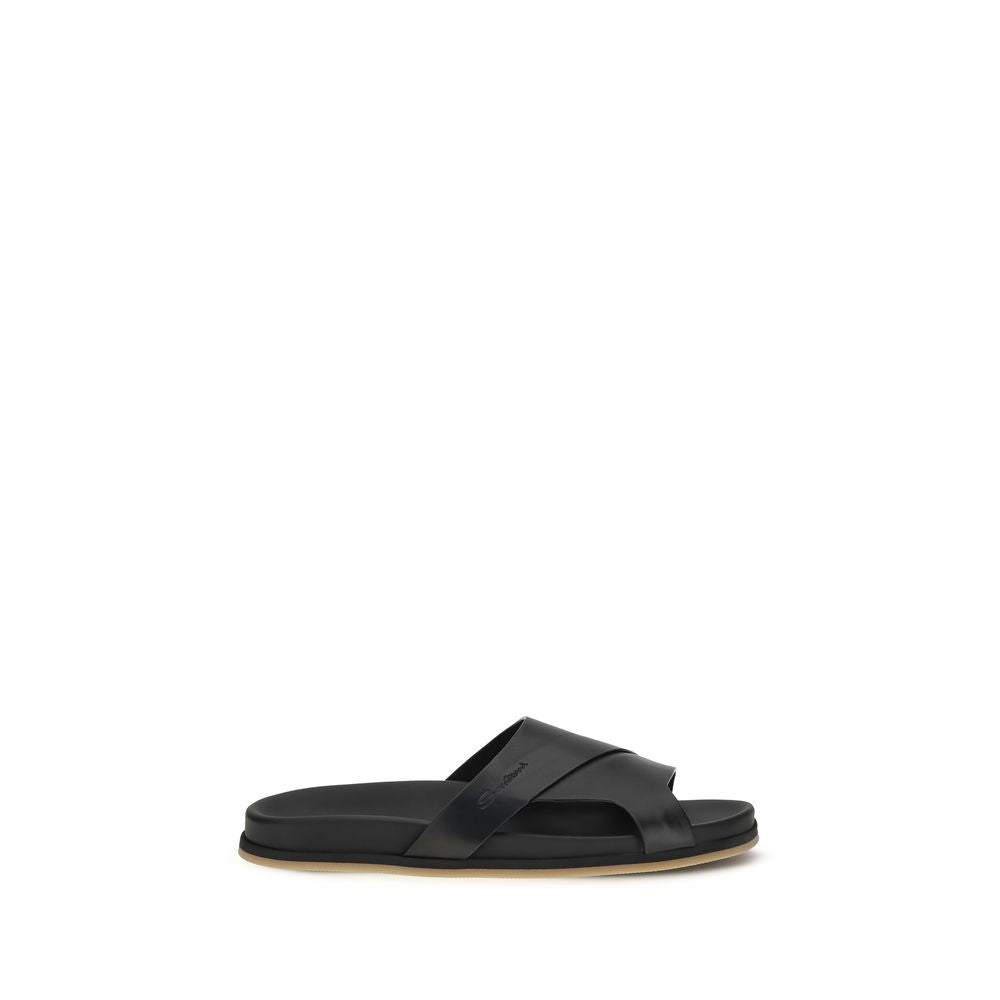 Santoni Black Calf Leather Bos Taurus Flat Men's Sandals