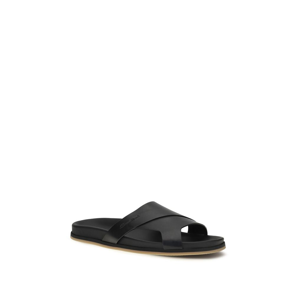 Santoni Black Calf Leather Bos Taurus Flat Men's Sandals