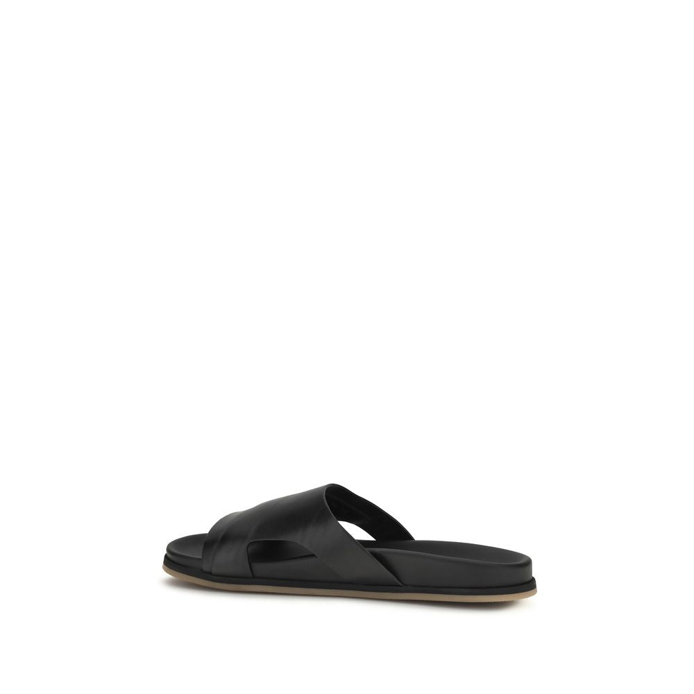 Santoni Black Calf Leather Bos Taurus Flat Men's Sandals