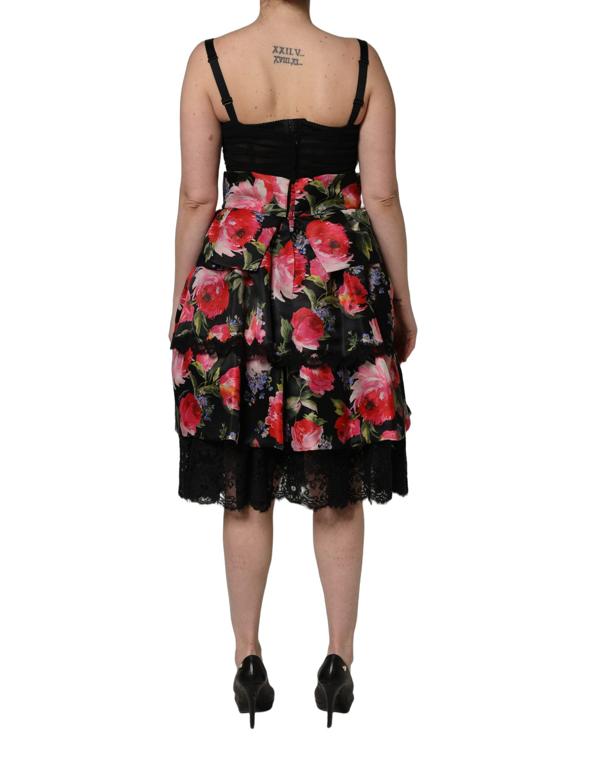 Dolce & Gabbana Black Sleeveless Bustier Floral Print Tiered Women's Dress