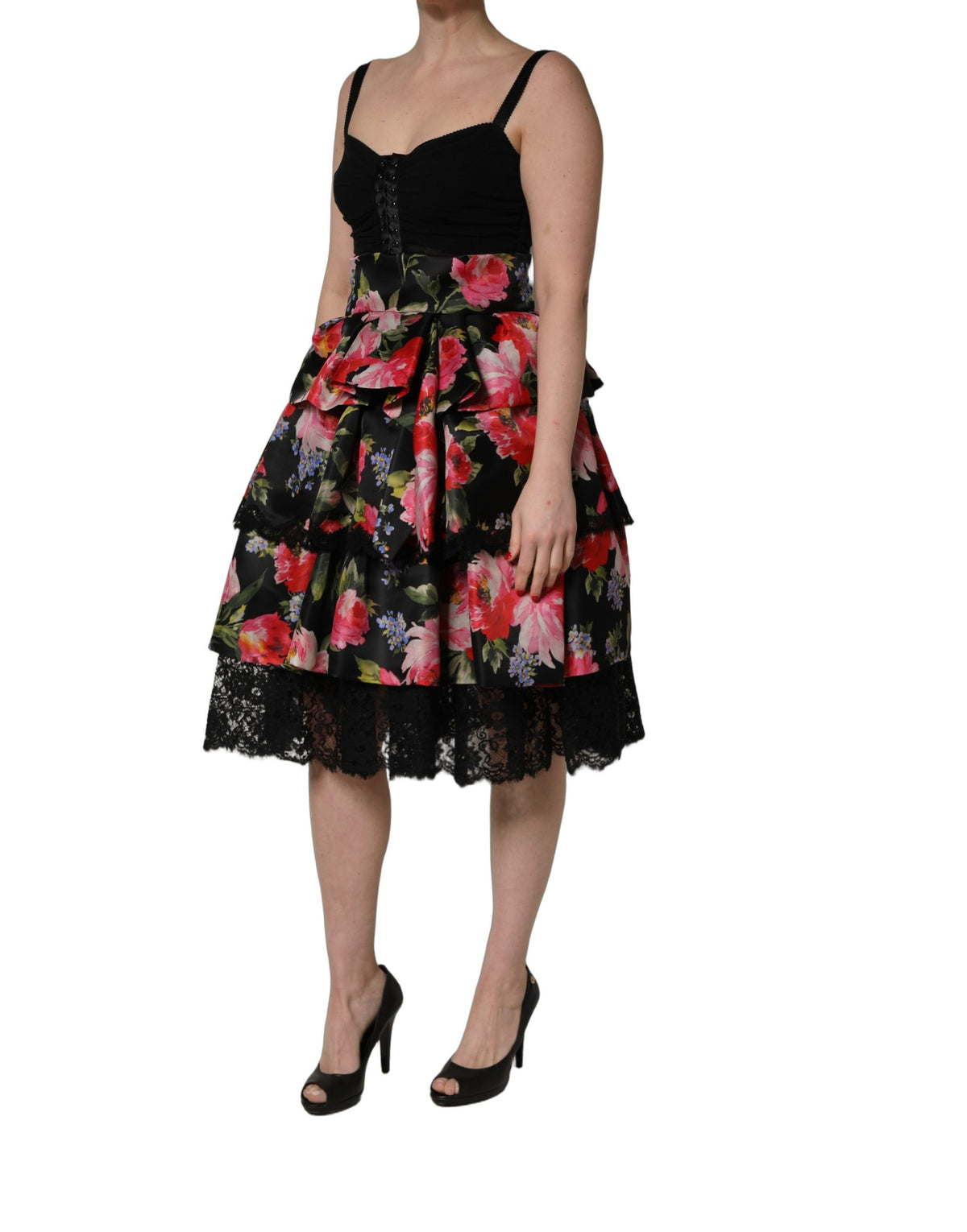 Dolce & Gabbana Black Sleeveless Bustier Floral Print Tiered Women's Dress