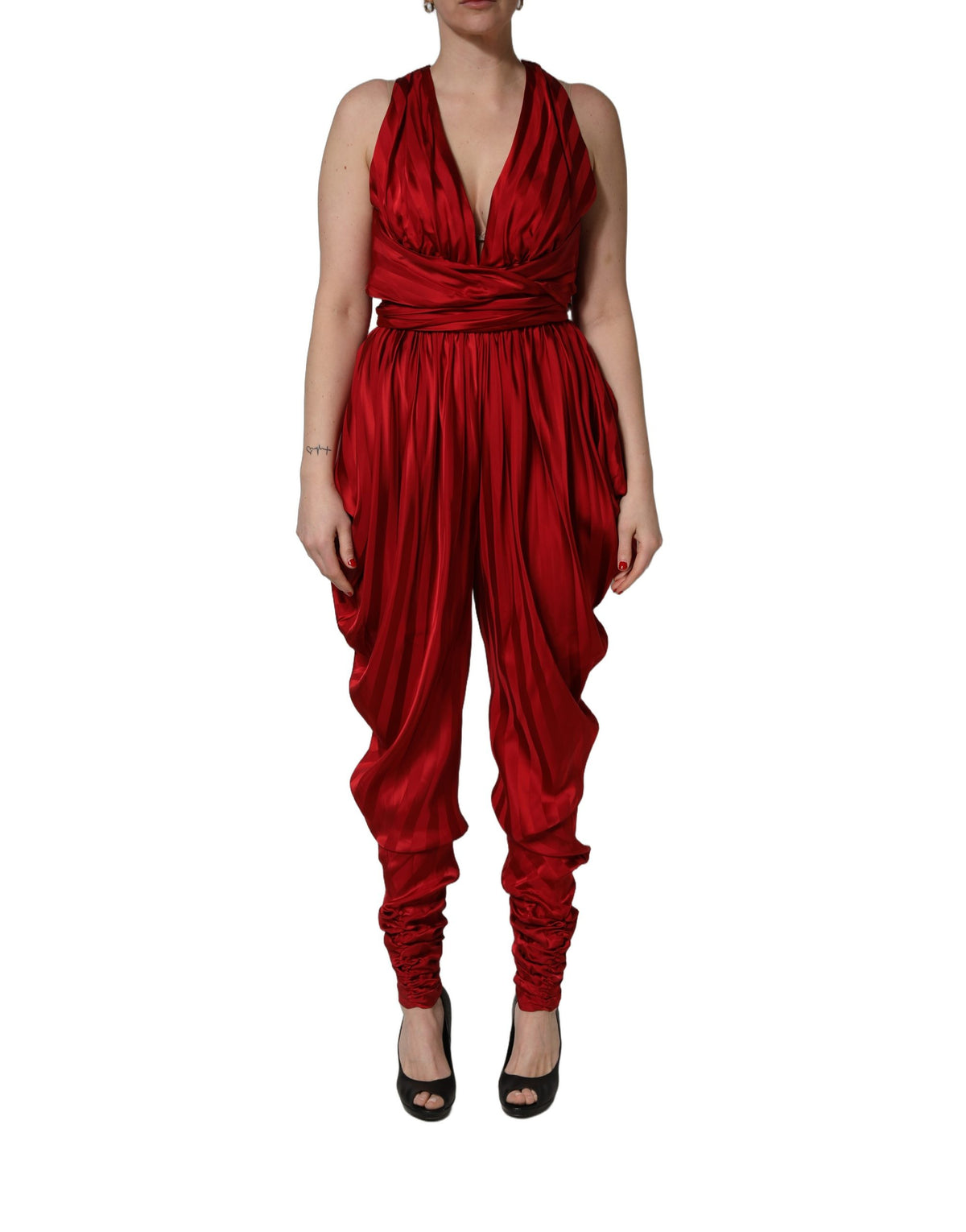 Dolce & Gabbana Red Plunging HalterNeck Draped Jumpsuit Women's Dress