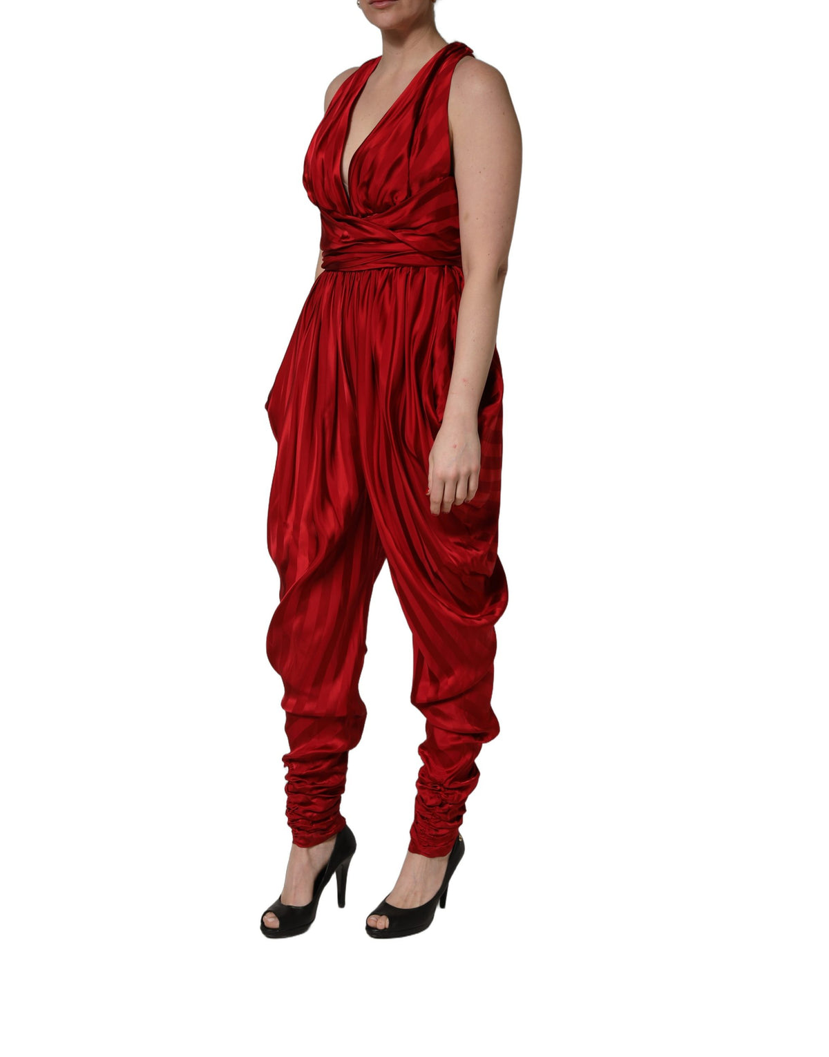 Dolce & Gabbana Red Plunging HalterNeck Draped Jumpsuit Women's Dress
