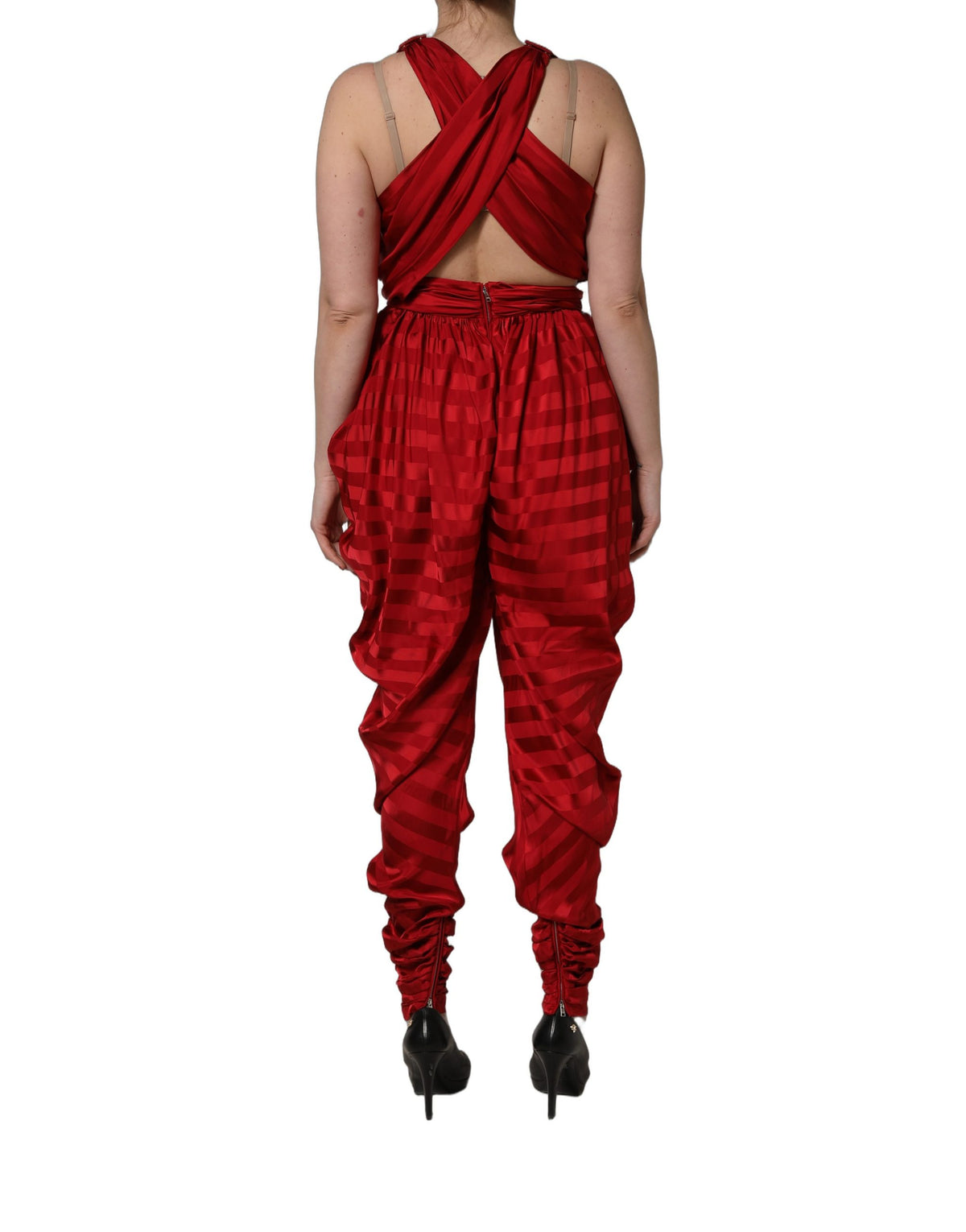 Dolce & Gabbana Red Plunging HalterNeck Draped Jumpsuit Women's Dress