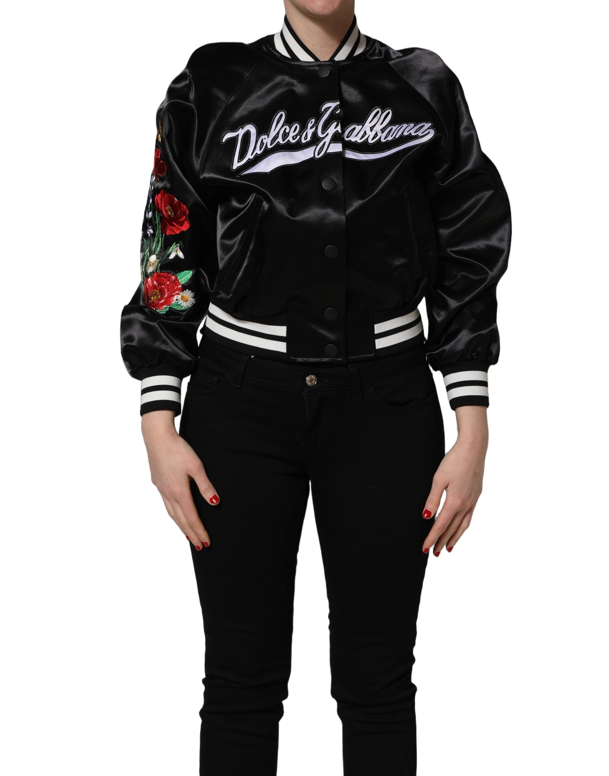 Dolce & Gabbana Black Satin Floral Embroidery Bomber Women's Jacket