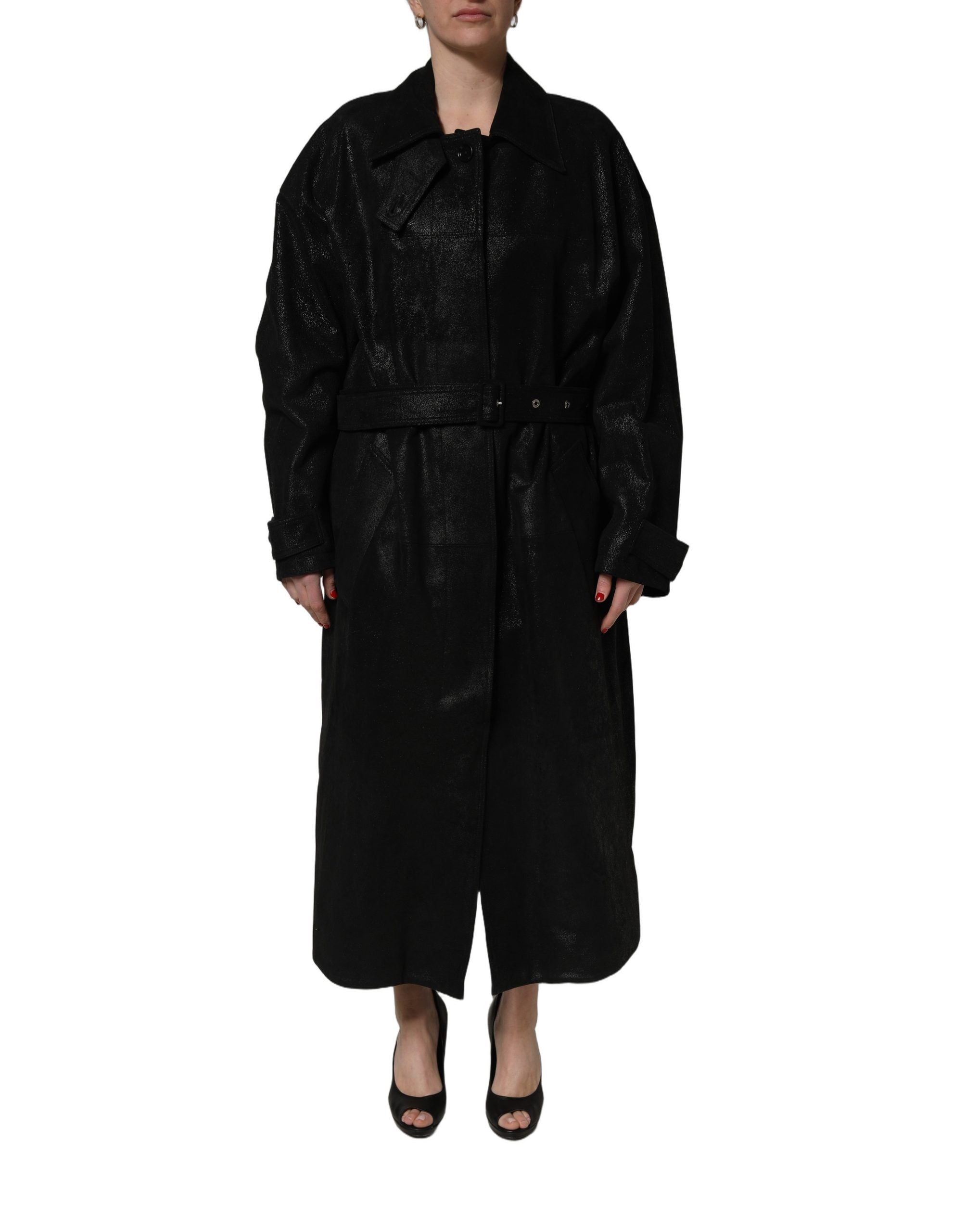 Dolce & Gabbana Black Belted Sheepskin Trench Coat Women's Jacket