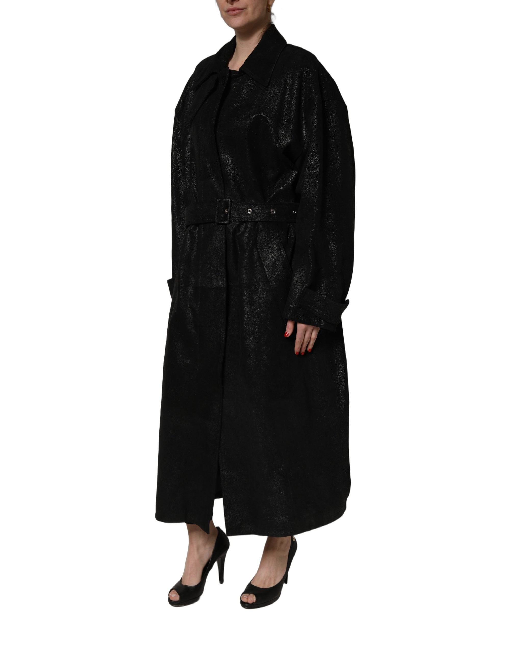 Dolce & Gabbana Black Belted Sheepskin Trench Coat Women's Jacket