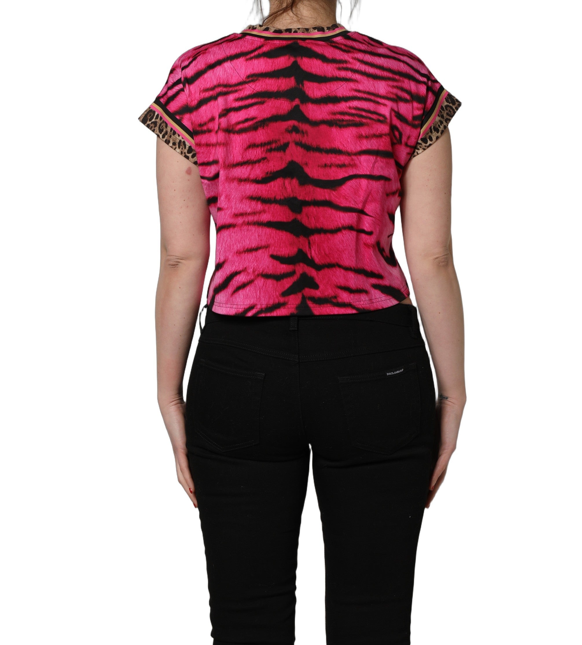 Dolce & Gabbana Pink Zebra Sleeveless Crew Neck Cropped Women's T-shirt