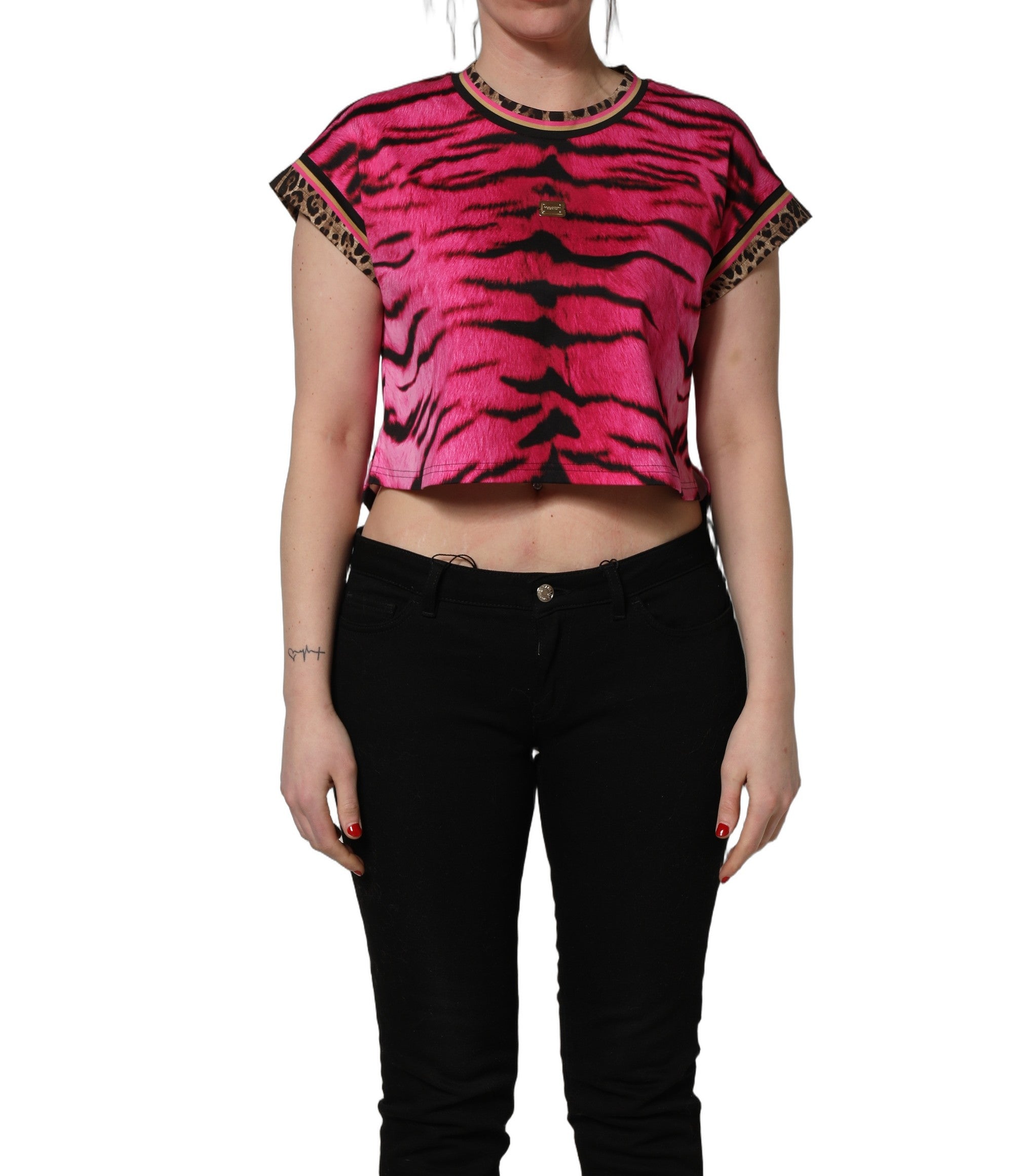 Dolce & Gabbana Pink Zebra Sleeveless Crew Neck Cropped Women's T-shirt