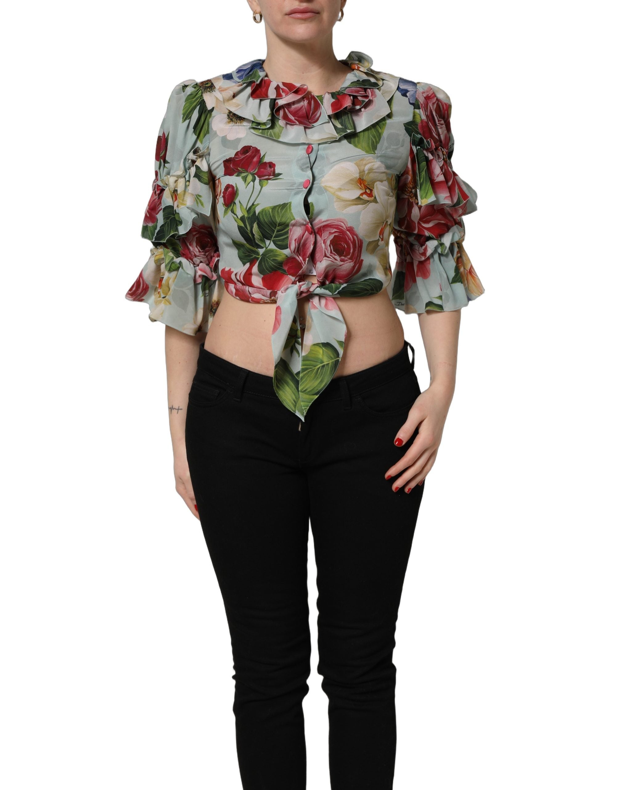 Dolce & Gabbana Multicolor Floral Silk Cropped Shirt Women's Top