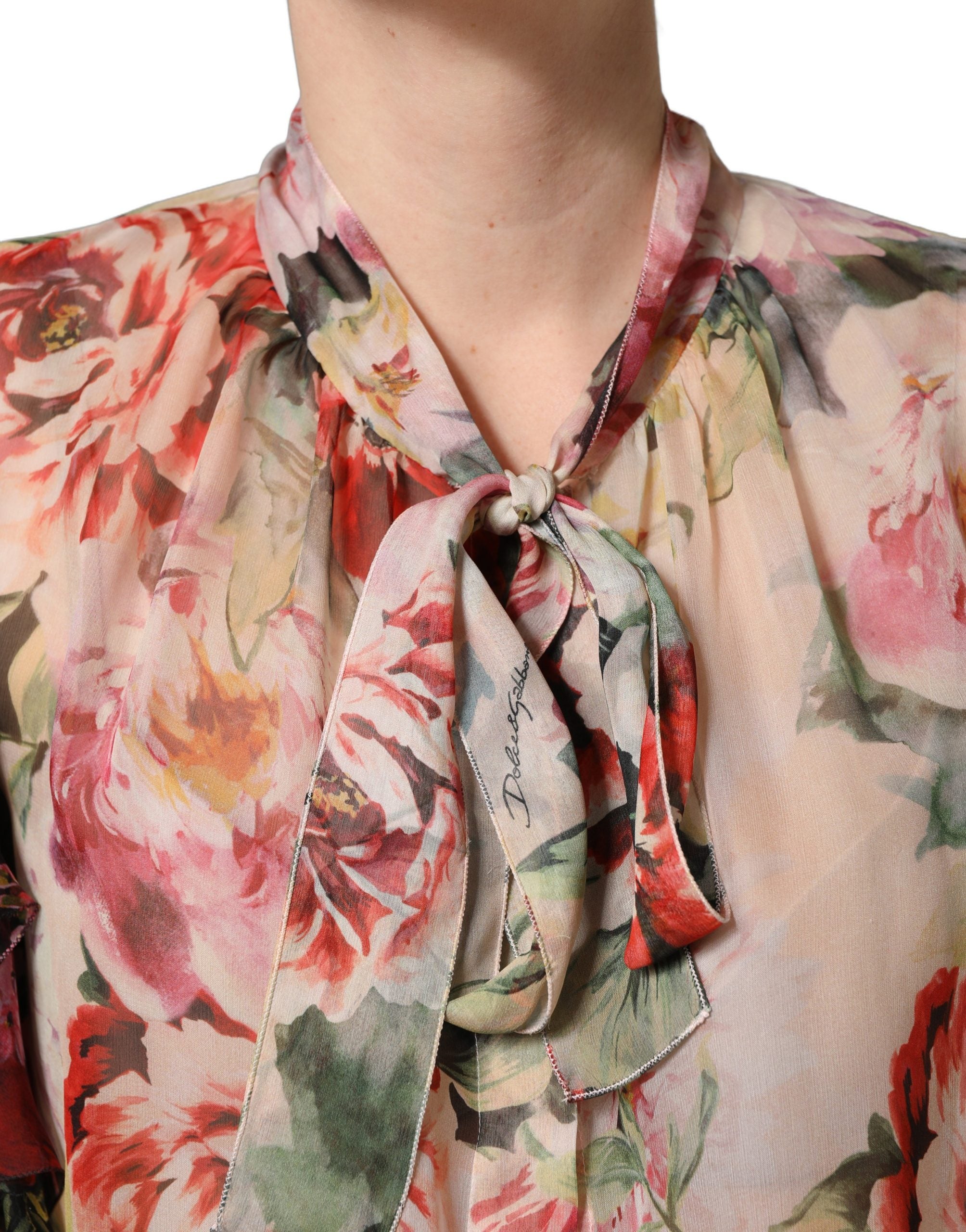 Dolce & Gabbana Multicolor Floral Tie-Neck Silk Chiffon Blouse Women's Top (Pre-Owned)