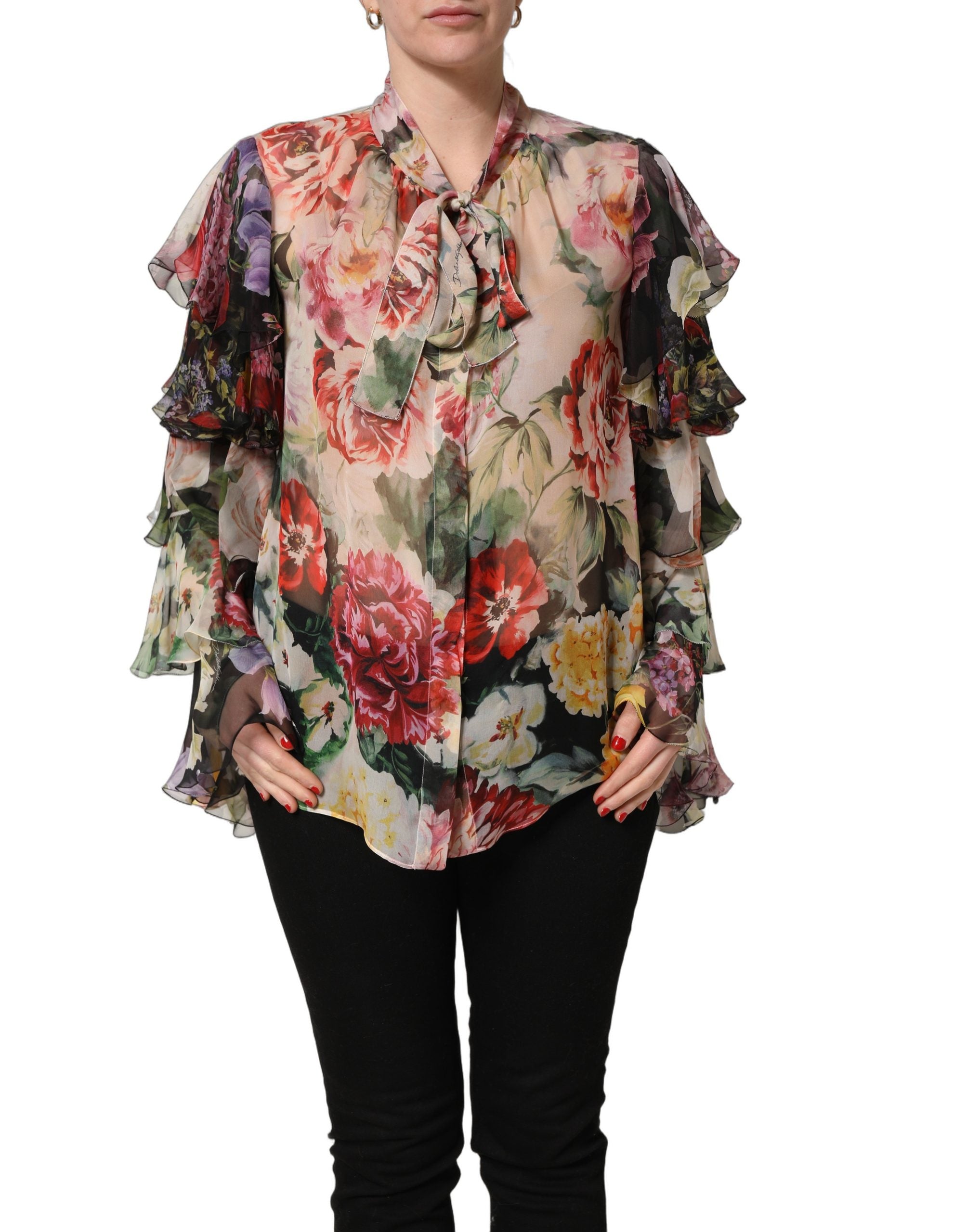 Dolce & Gabbana Multicolor Floral Tie-Neck Silk Chiffon Blouse Women's Top (Pre-Owned)