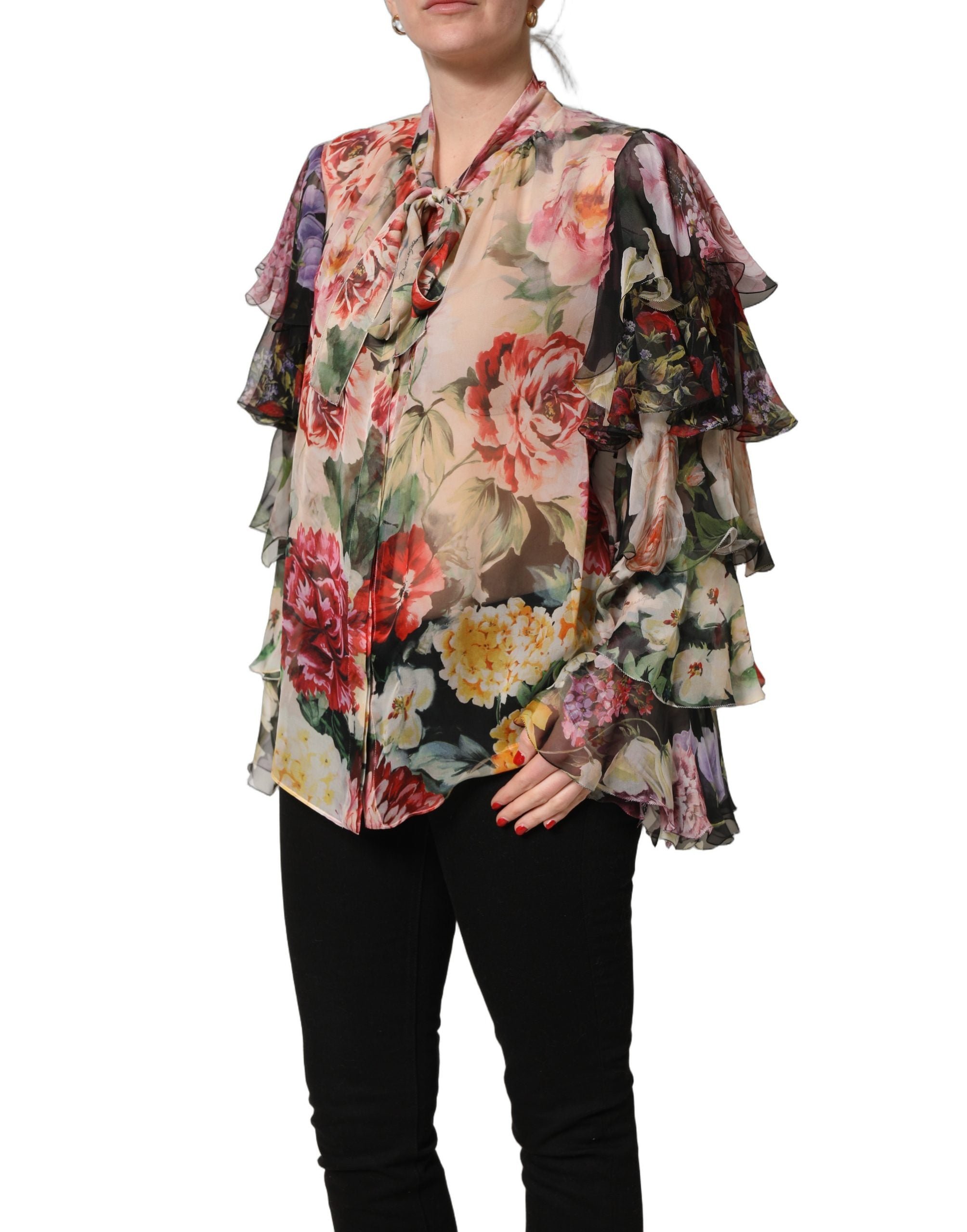 Dolce & Gabbana Multicolor Floral Tie-Neck Silk Chiffon Blouse Women's Top (Pre-Owned)