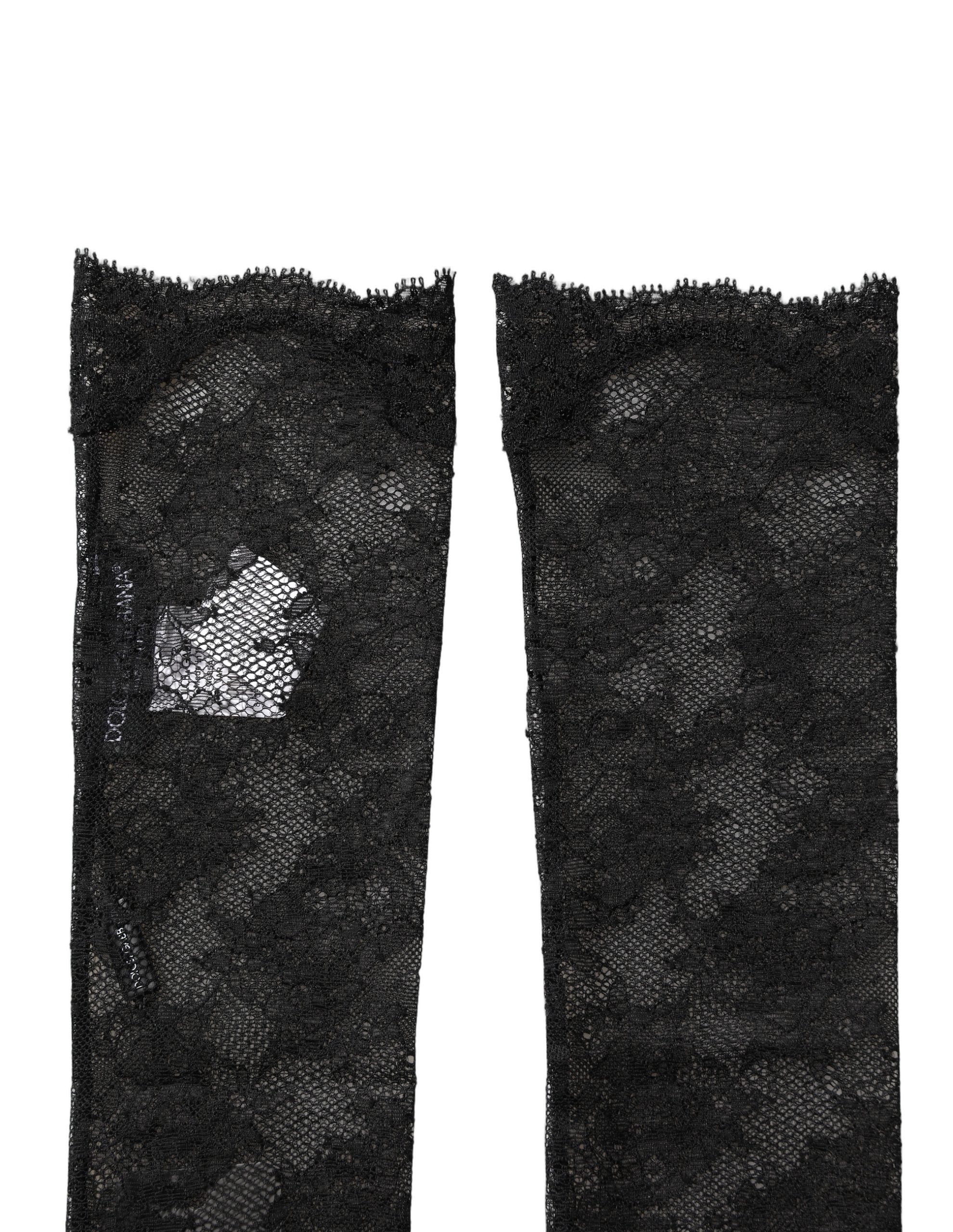Dolce & Gabbana Black Floral Lace Nylon Stretch Knee Women's Socks