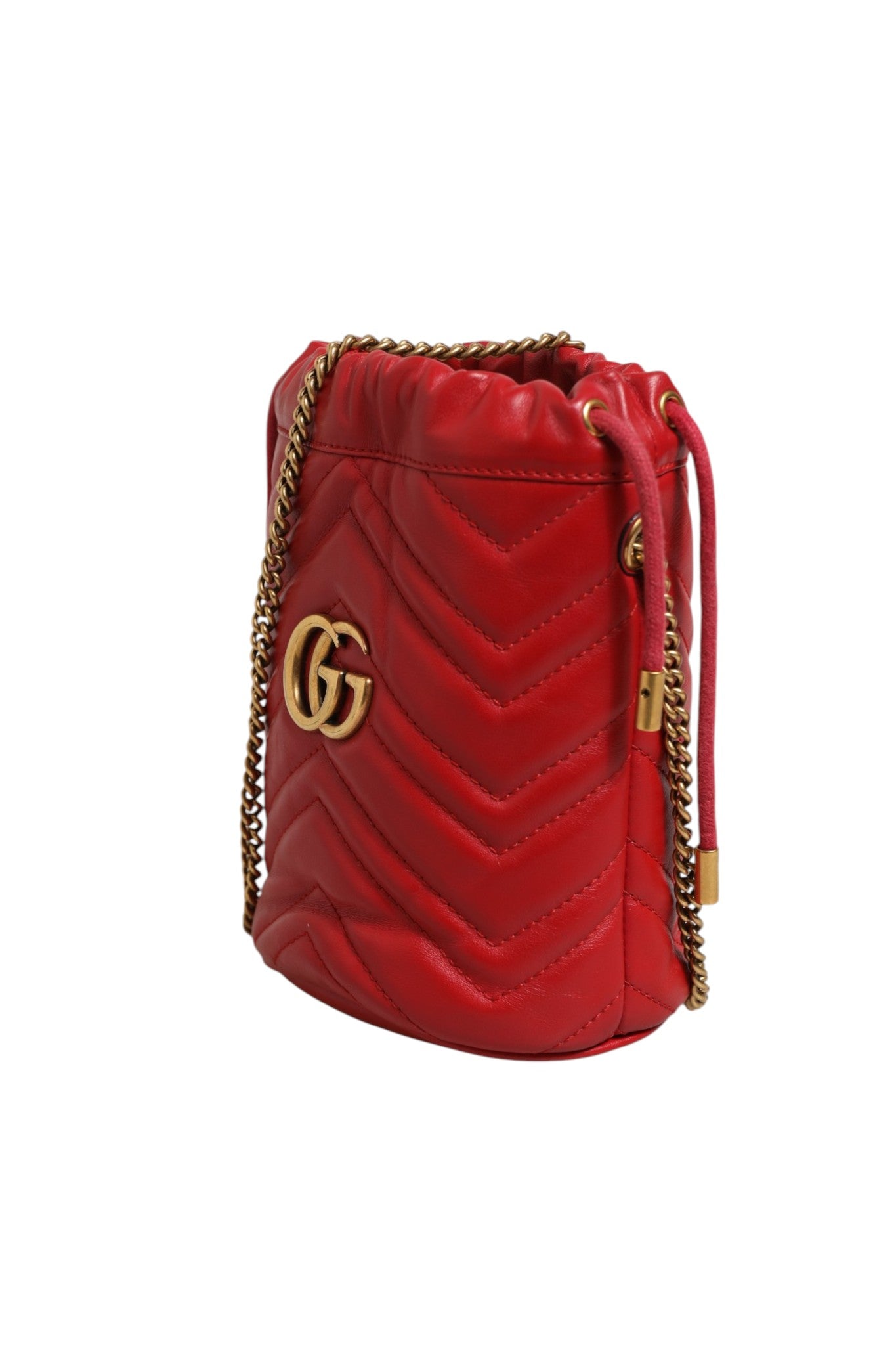 Gucci Red Chevron-quilted Calfskin Leather GG Marmont Bucket Women's Bag (Pre-Owned)