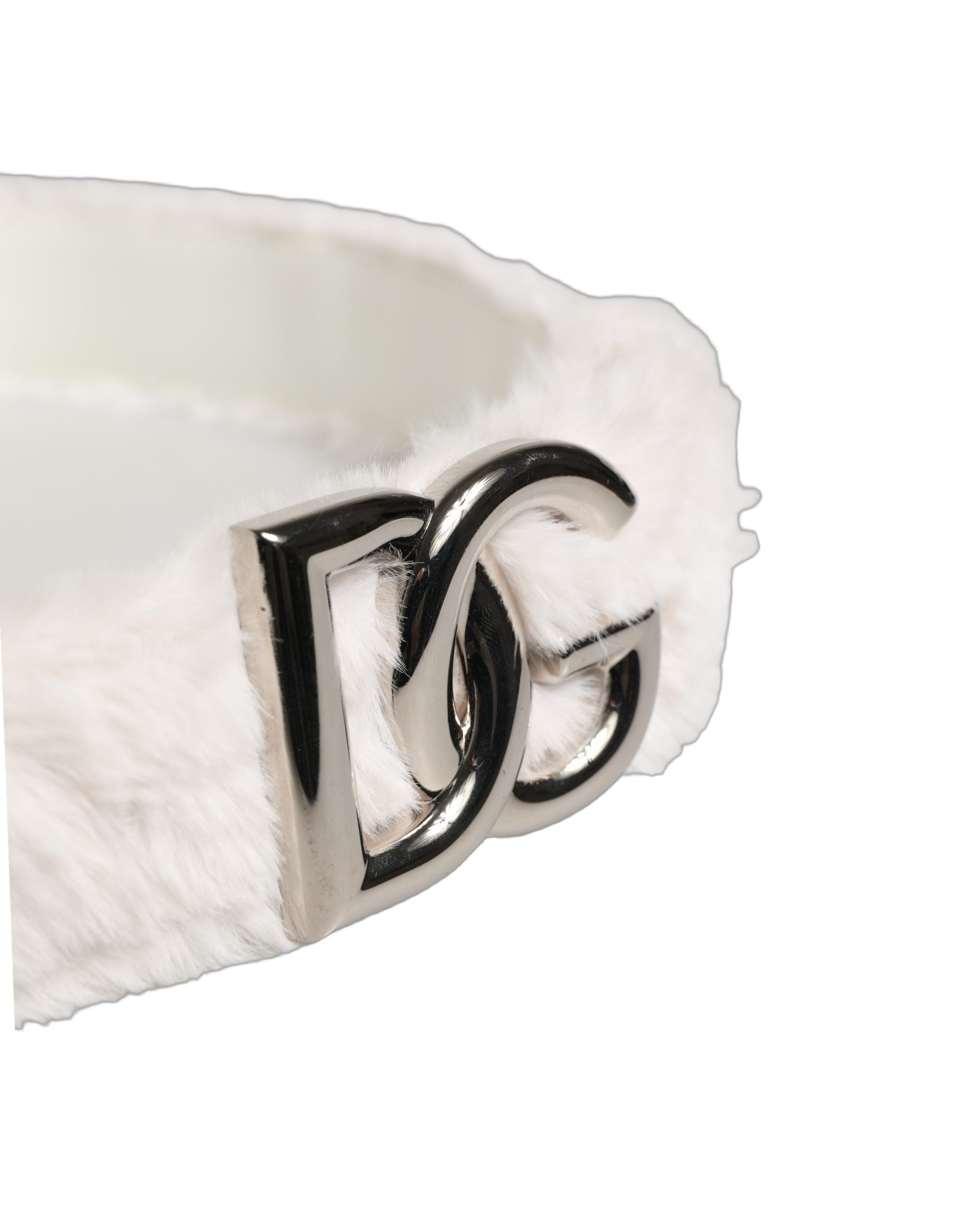 Dolce & Gabbana White Fleece Silver DG Logo Metal Buckle Women's Belt
